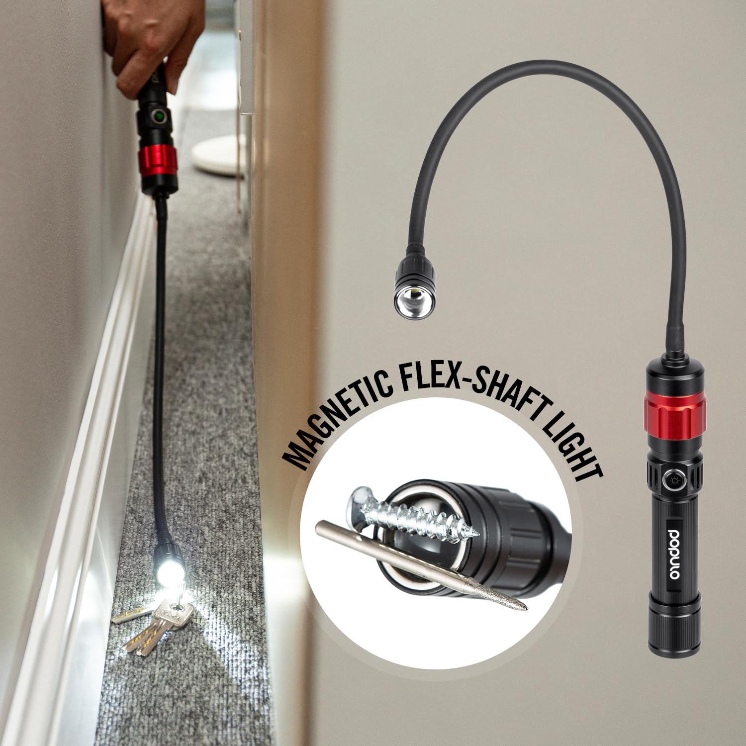 populo 3-in-1 LED Work Lights, 400 Lumens Magnetic Base Flashlight, Flexible Gooseneck, Black, Model PMLK-3