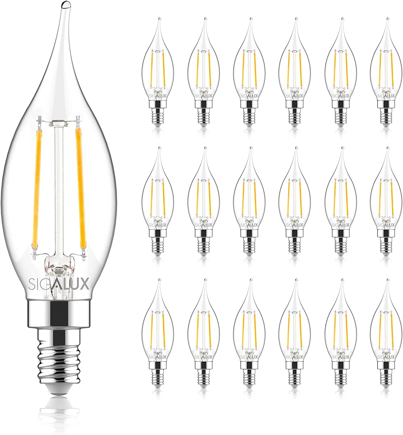 Sigalux Candelabra LED Light Bulbs, Dimmable, E12 40W, CA10 Flame Tip, 5000K Daylight, 300LM, 18 Pack