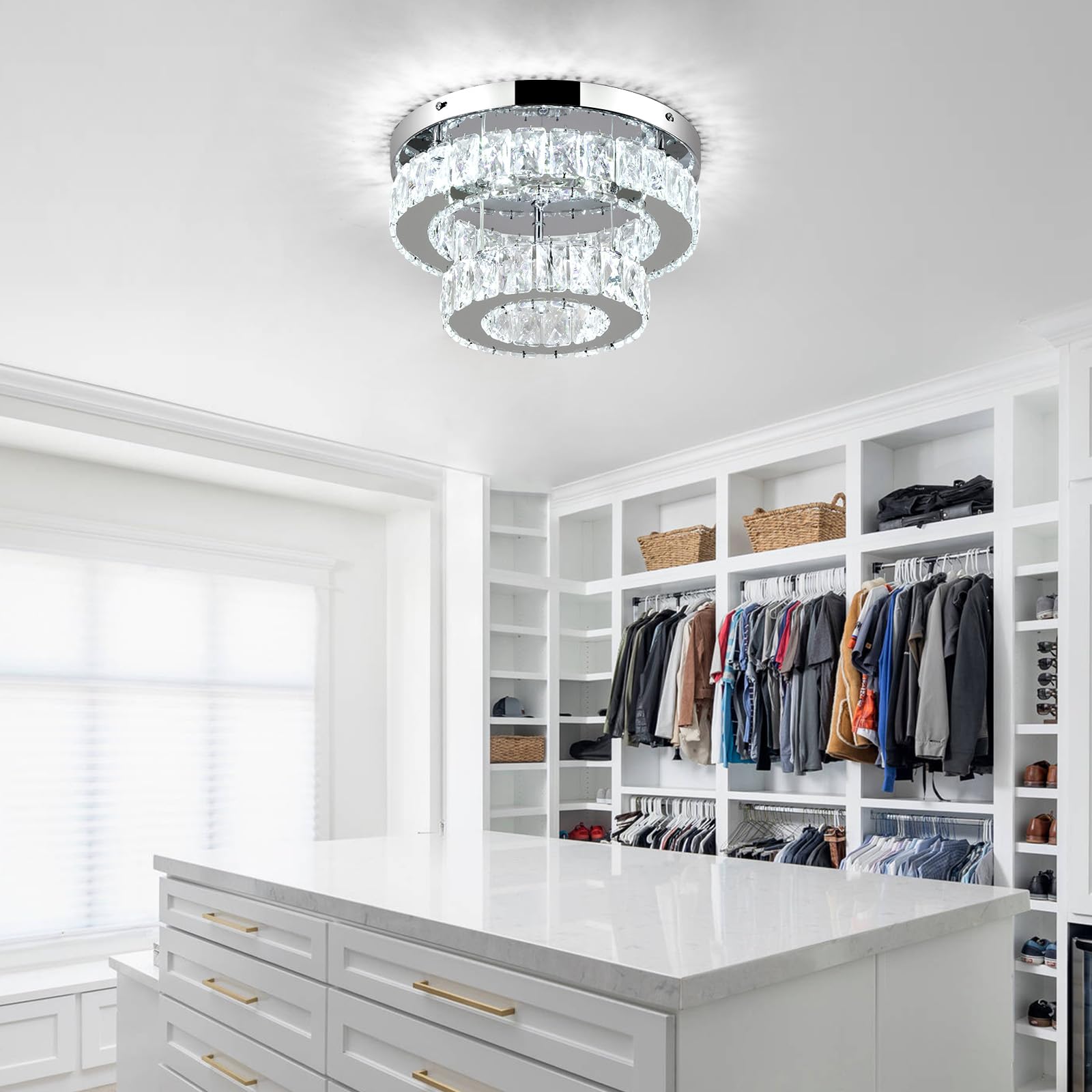 11.8 Inch Modern Mini Crystal Chandelier Led Flush Mount Ceiling Light - 2 Layer K9 Crystal, Small Chandelier For Bedroom, Hallw