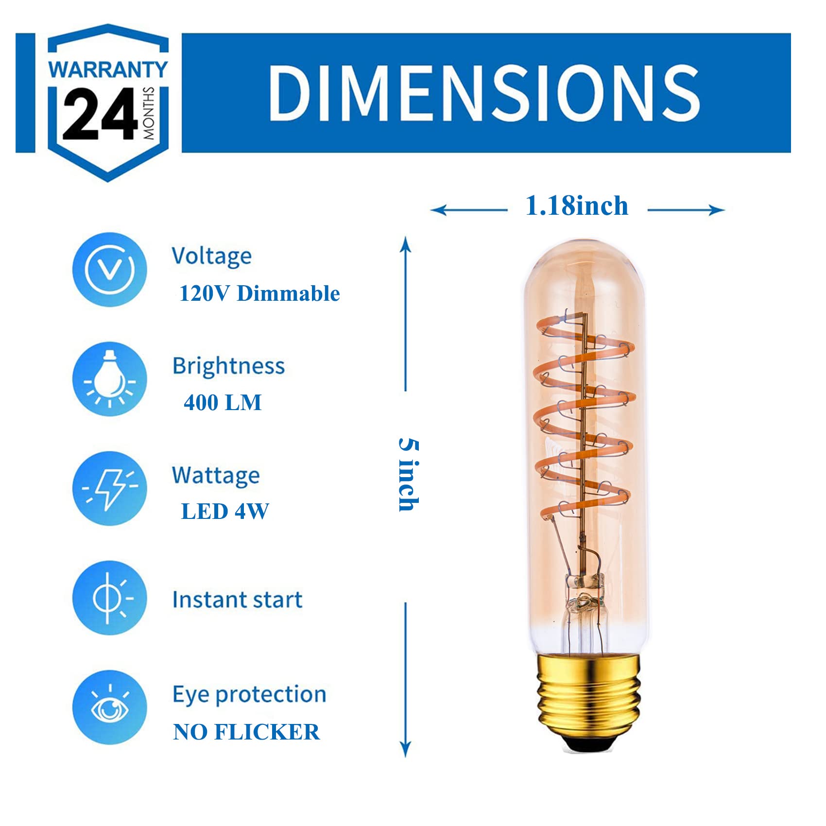 T10 Led Bulbs 40 Watt Equivalent 4W Dimmable Edison Tubular Light Bulb E26 Medium Base 2700K Warm White, T10 Vintage Amber Glass