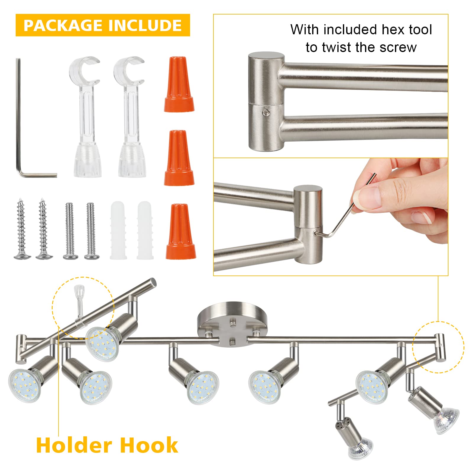 Unicozin LED Track Lighting Kit, 8 Light, Matt Nickel, Includes 8 x GU10 Bulbs, Flexibly Rotatable, 5000K Daylight White