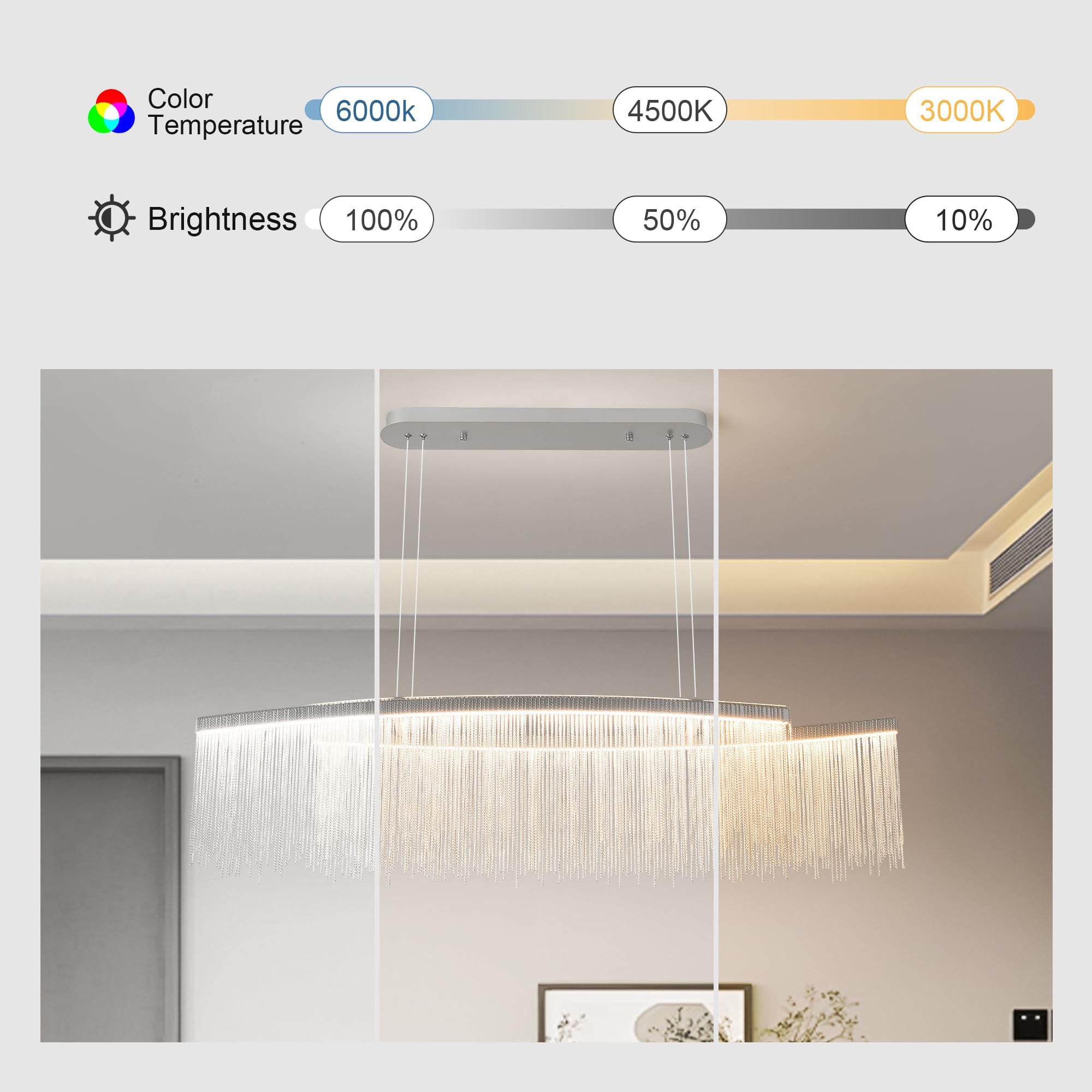 Puvaue Aluminum Tassel Linear Chandelier, LED Dining Room Light Fixture, L47 Inch, Silver, Remote Control