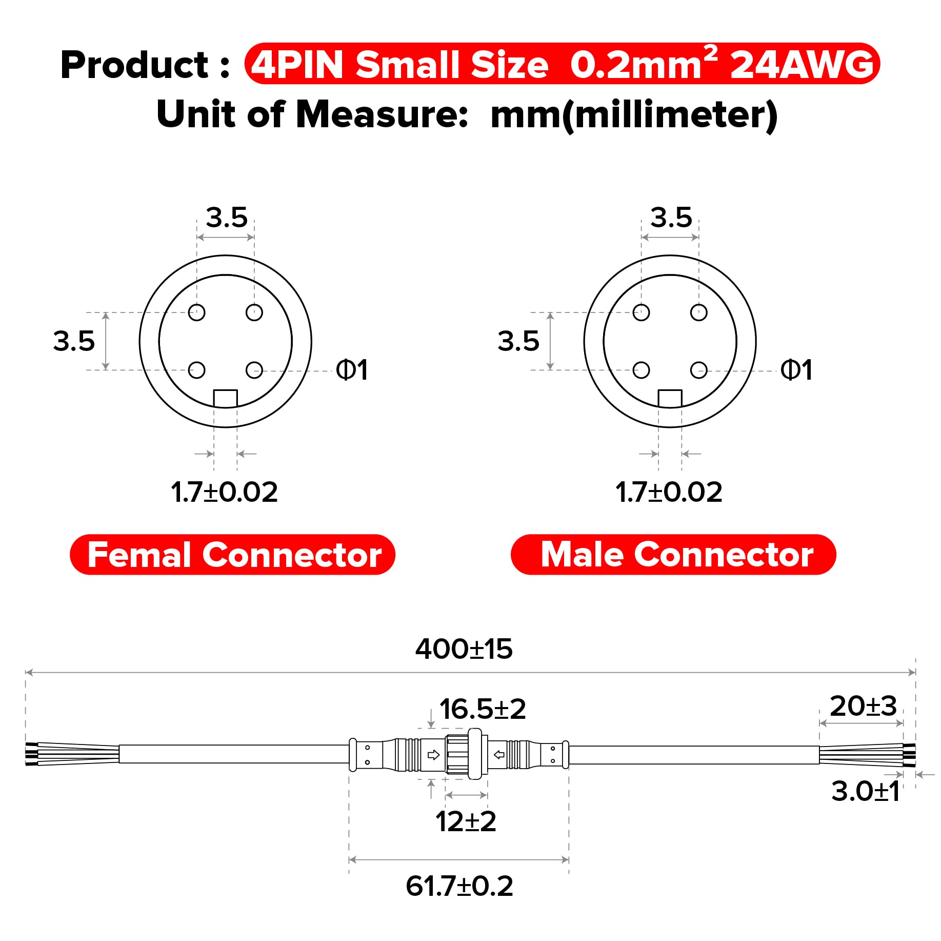 Hysmigor 4 Pin Electrical Connector 24AWG IP65, 20cm Extension Cable for Car/Truck/Boat, Small Size, 3 Pairs