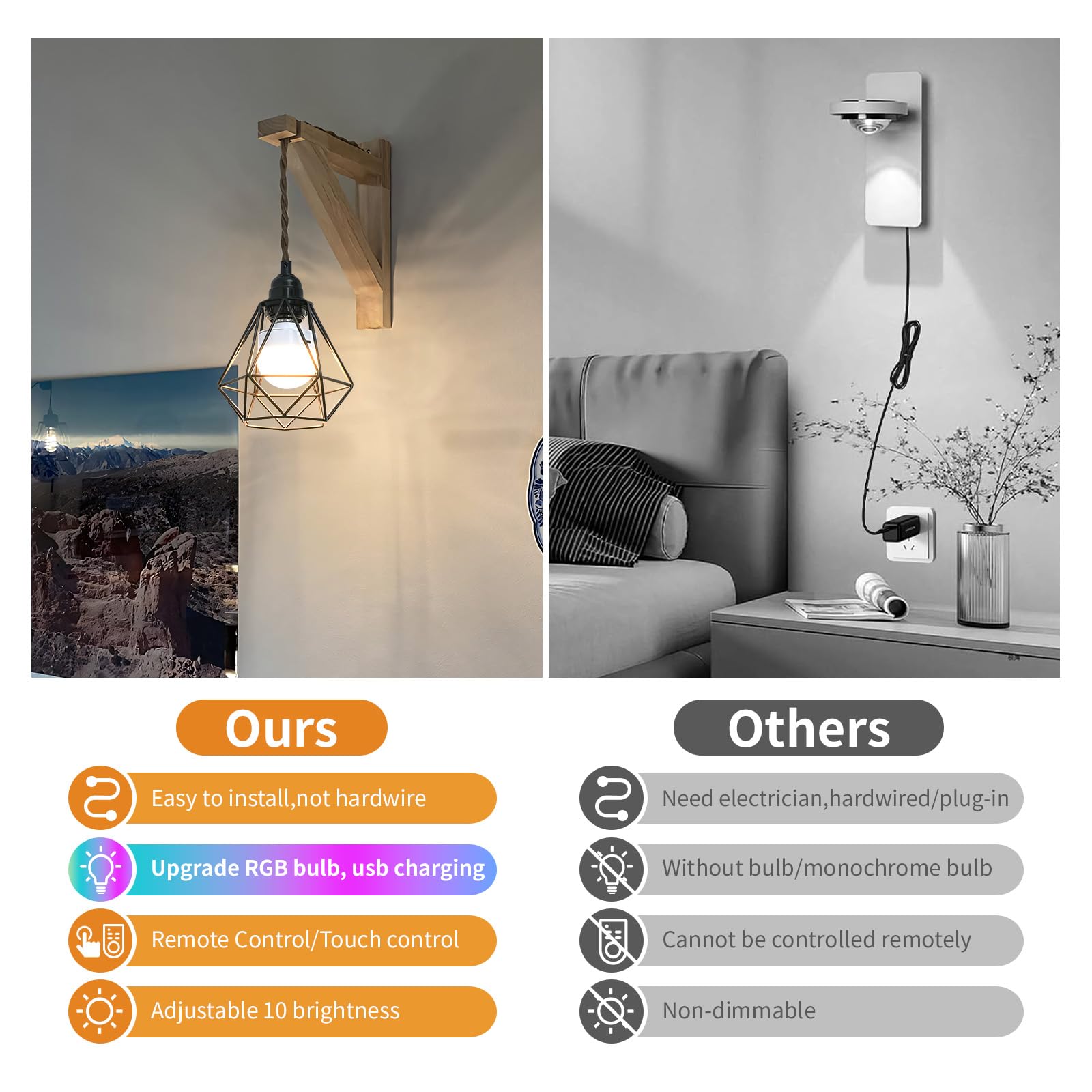 FRIDEKO Boho Wall Sconces Set of 2, Rechargeable, RGB Dimmable, Wireless Indoor Lights, Black Wood Finish