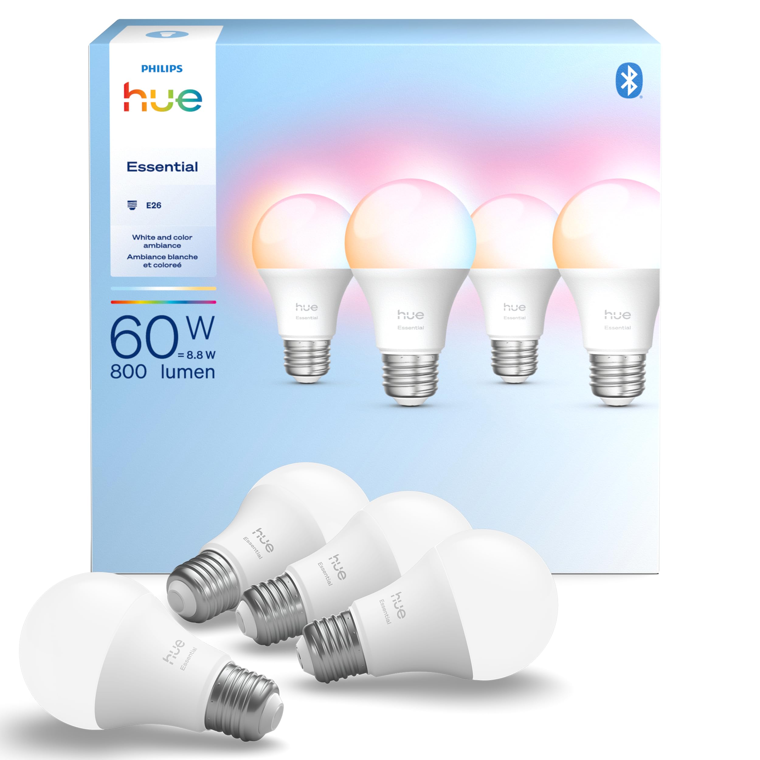Philips Hue Essential Smart LED A19 Bulb, White and Color Ambiance, E26 Base, 8.8W, 2200K-6500K, 800 Lumens, Dimmable, Works wit