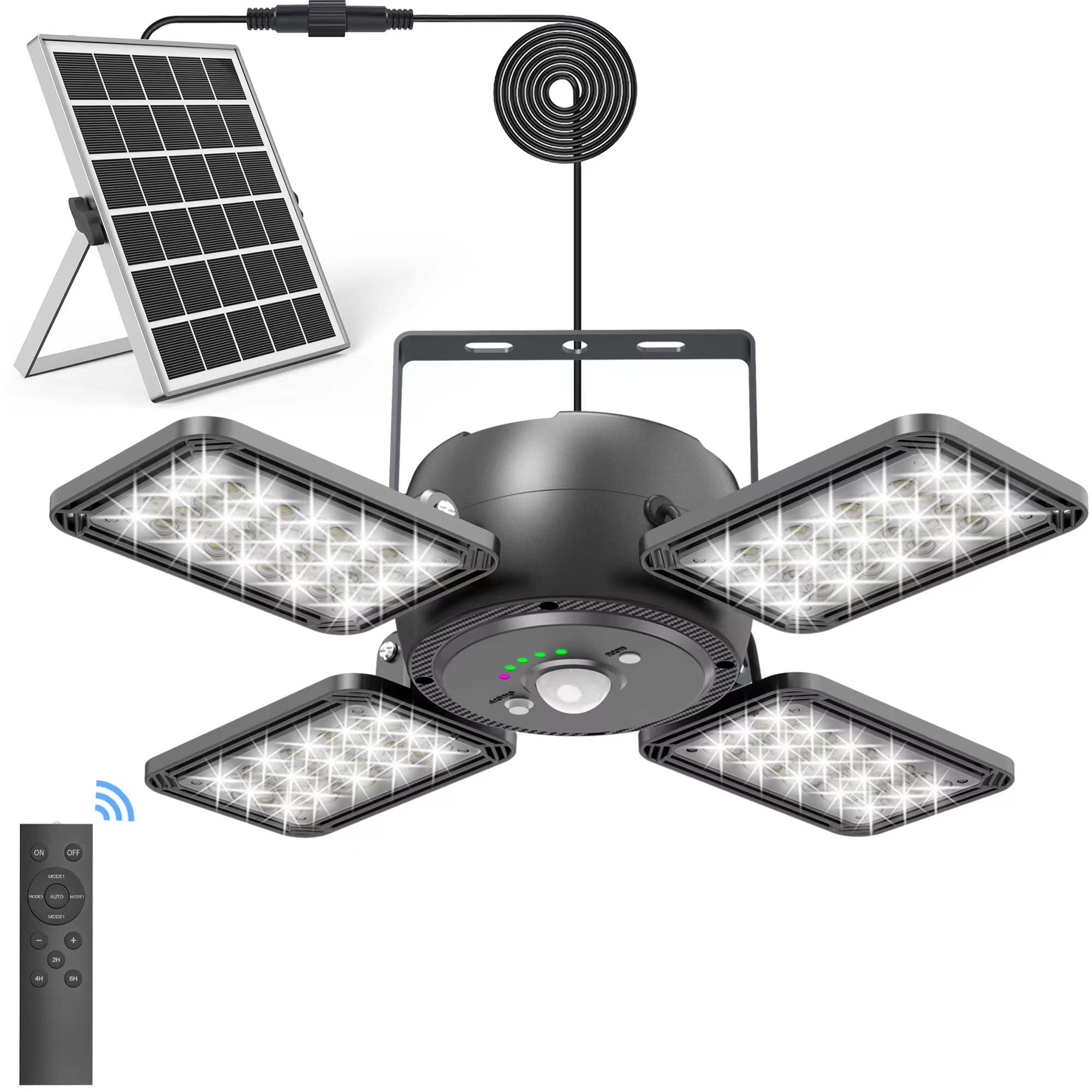 Solar Shed Light Indoor Outdoor 1200LM 144LED Pendant Light, Motion Sensor with Upgrade 5 Lighting Modes & Remote Control 4-Leaf
