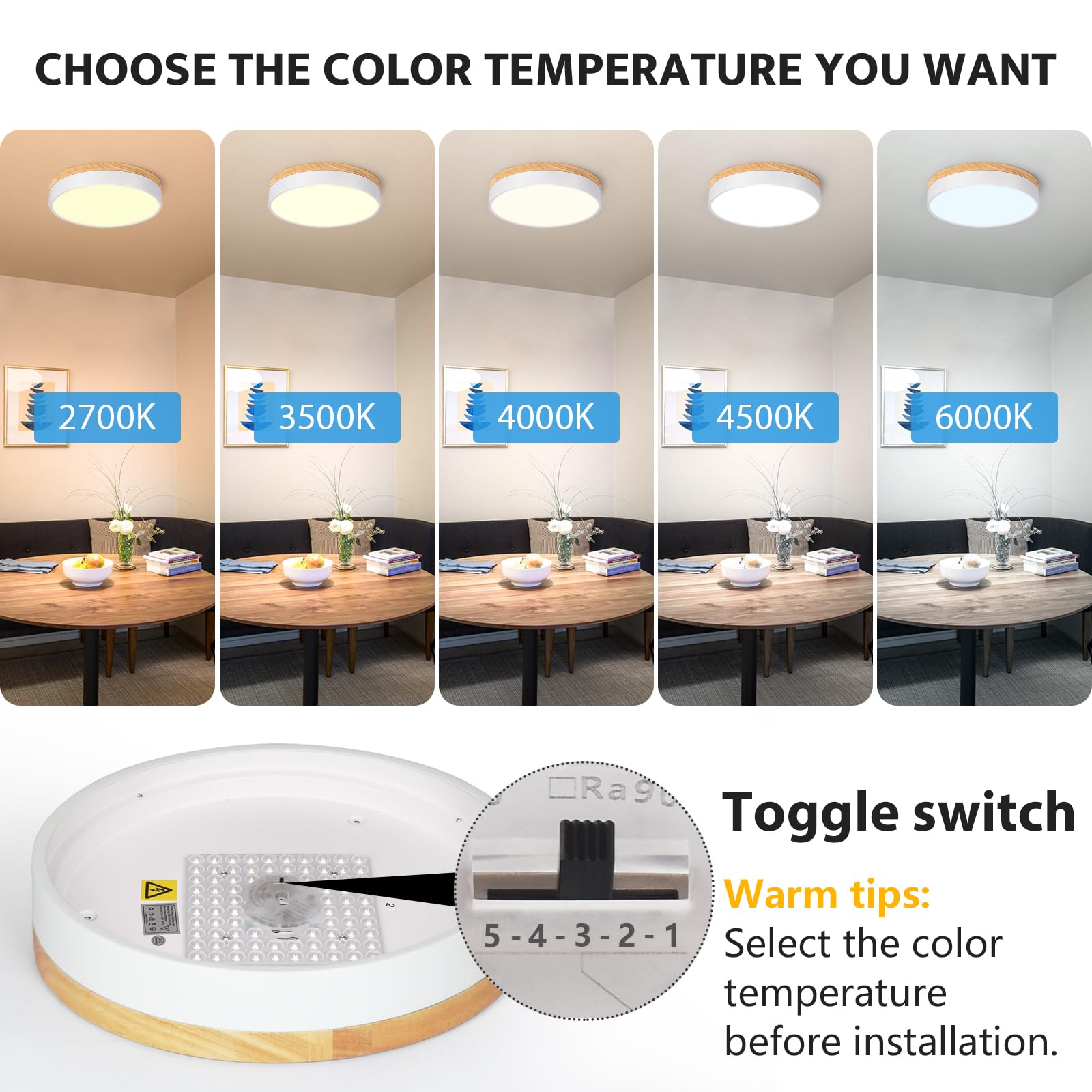 WOKNOS Modern Dimmable LED Flush Mount Ceiling Light, 11.8" White Oak Fixture for Bedroom, Living Room, Bathroom, Model WK20240716004