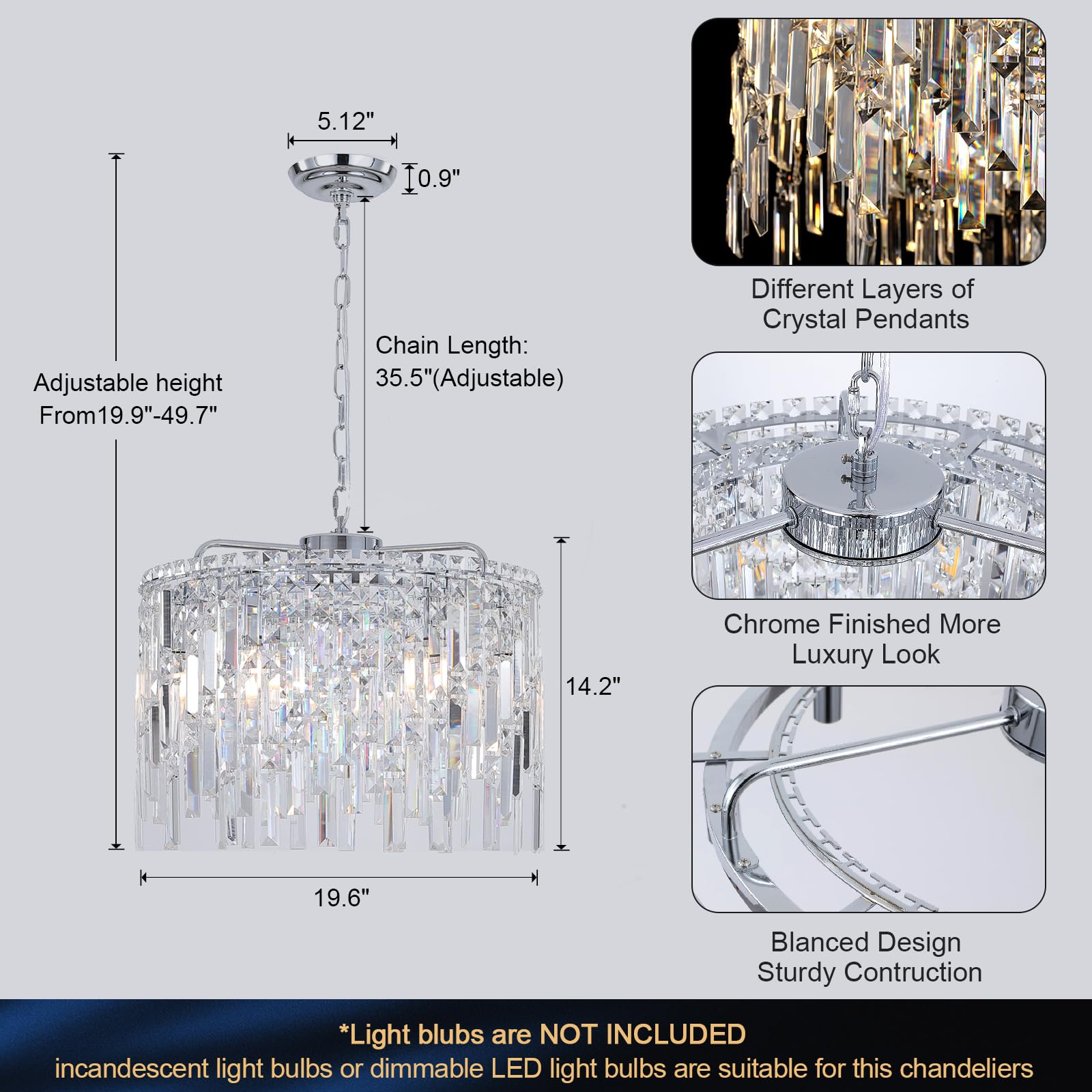 A Axilixi Round Crystal Chandelier Modern 20'' Drum Chandelier With Chain Chrome Adjustable K9 Raindrop Crystal Ceiling Pendant