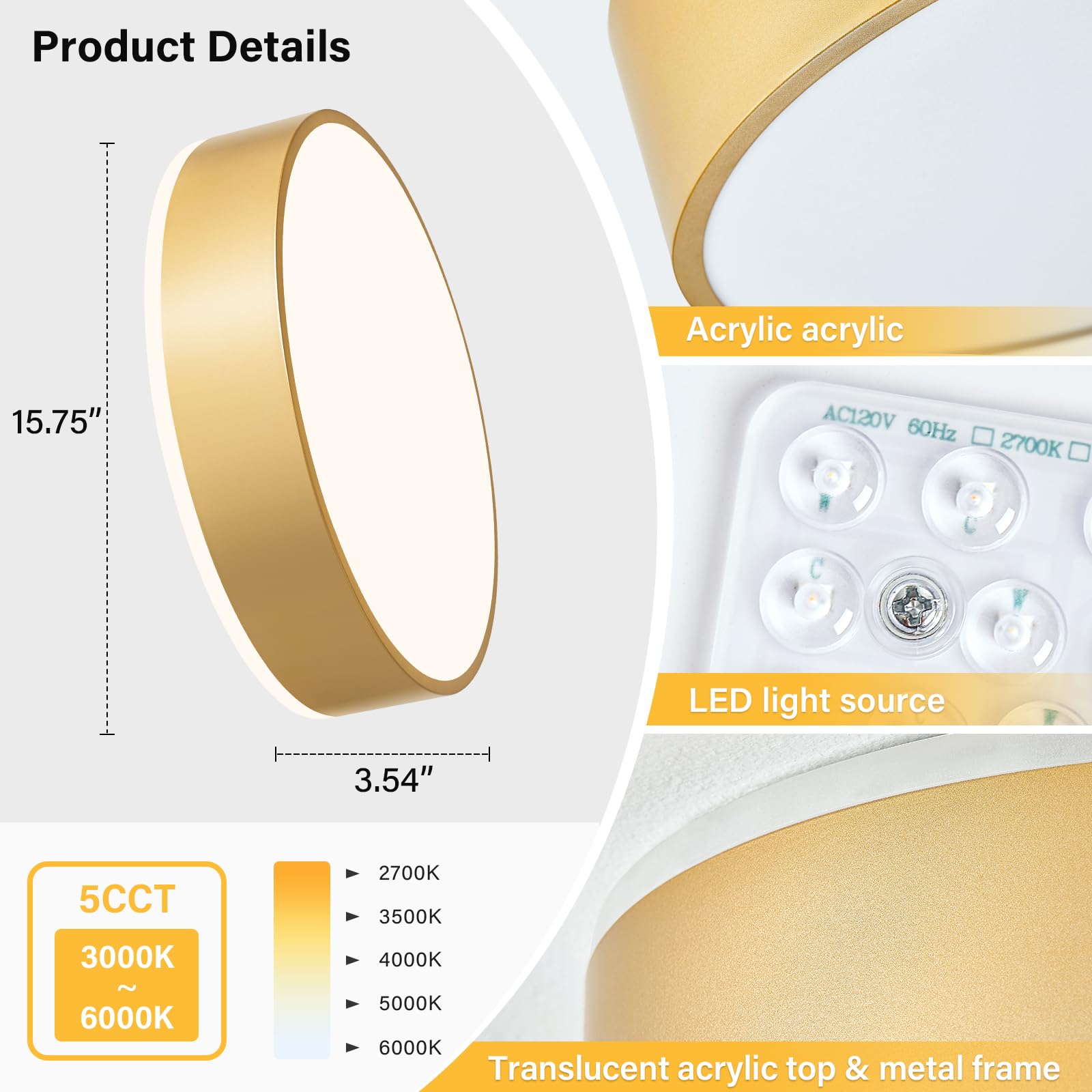 Peblto Dimmable Gold Led Ceiling Light, 5Cct Modern Flush Mount Lamp, 15.7In For Home Decor