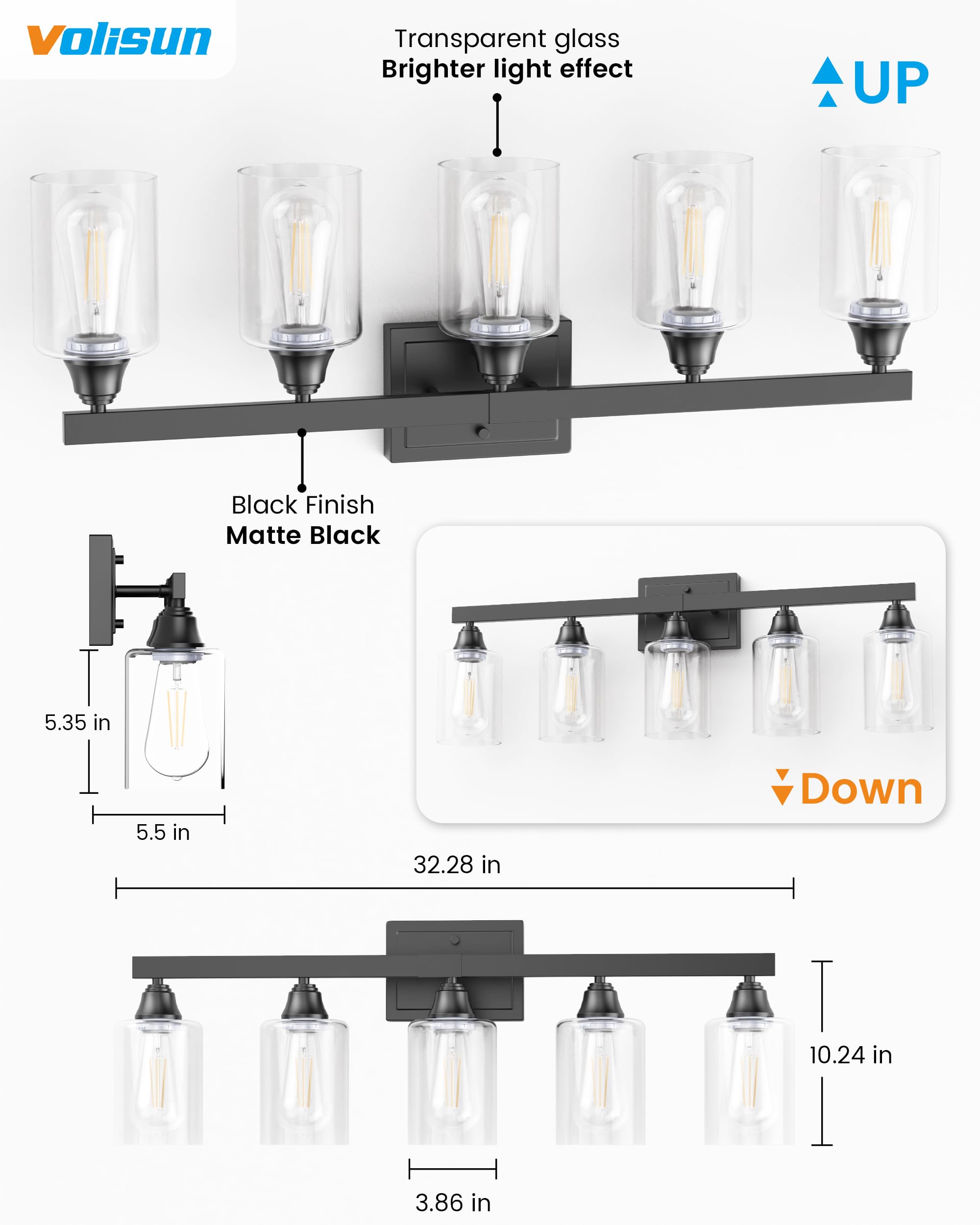 Volisun 5-Light Bathroom Light Fixtures, Matte Black Bathroom Vanity Light Over Mirror, Modern Vanity Light For Bathroom, Bathro