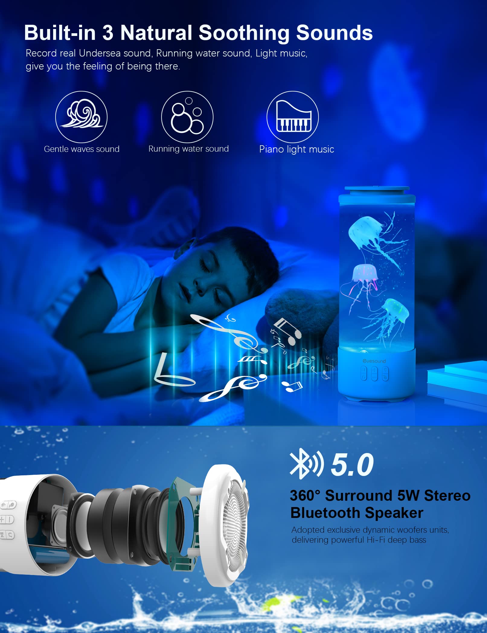 Eyesound Jellyfish Lamp Bluetooth Speaker, 12" White Noise LED Mood Light, Color Changing, Glass Body, Ideal for Home Office & Relaxation