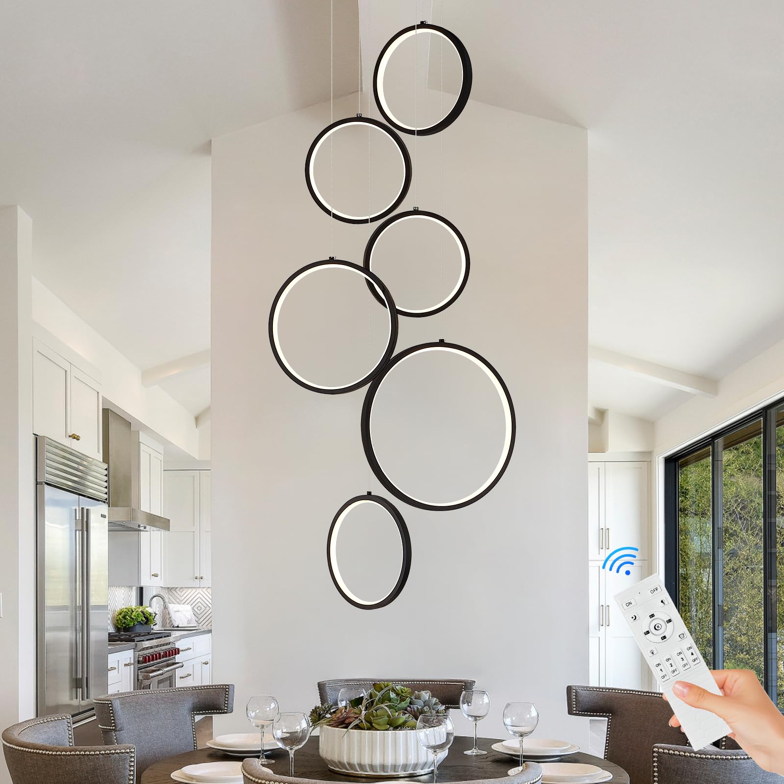 Sparklelf 6 Rings Modern Led Chandelier For High Ceiling Dimmable Black Contemporary Pendant Light Fixture Long Foyer Chandelier