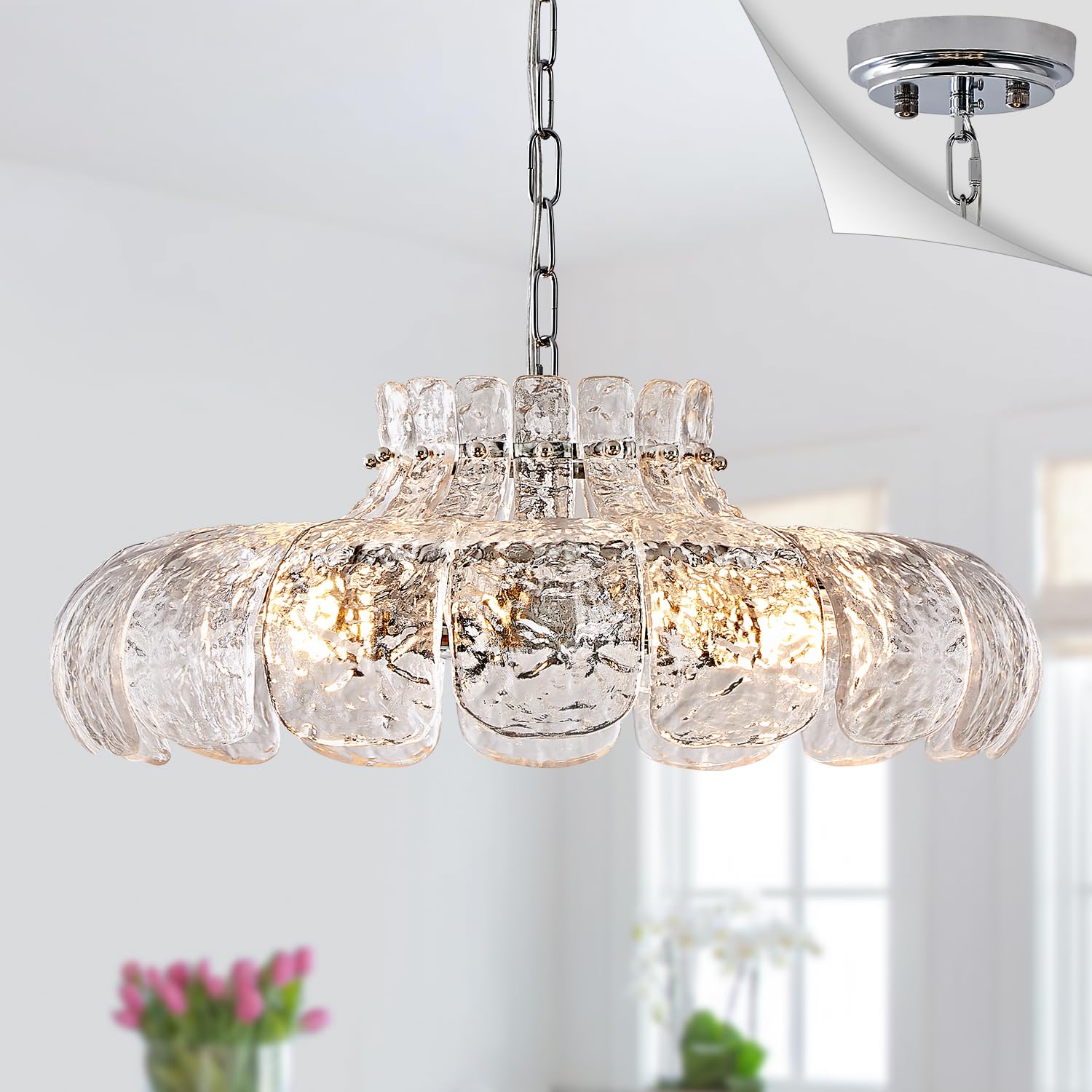 Poemoon Modern Chrome Glass Chandelier 8-Light 21.6'' Water Ripple Glass Pendant Chandelier Luxury Hanging Light Fixture For Liv