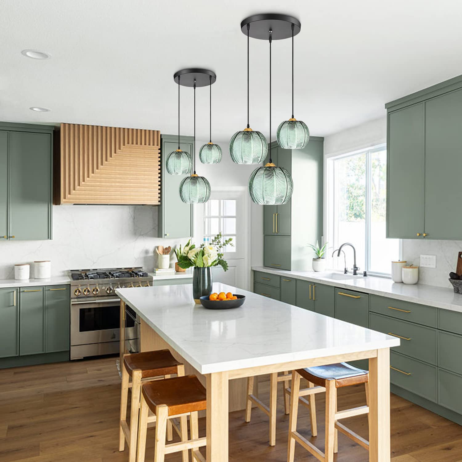 Kco 3-Light Green Striped Glass Pendant Light - Modern Mid-Century Chandelier For Kitchen Island