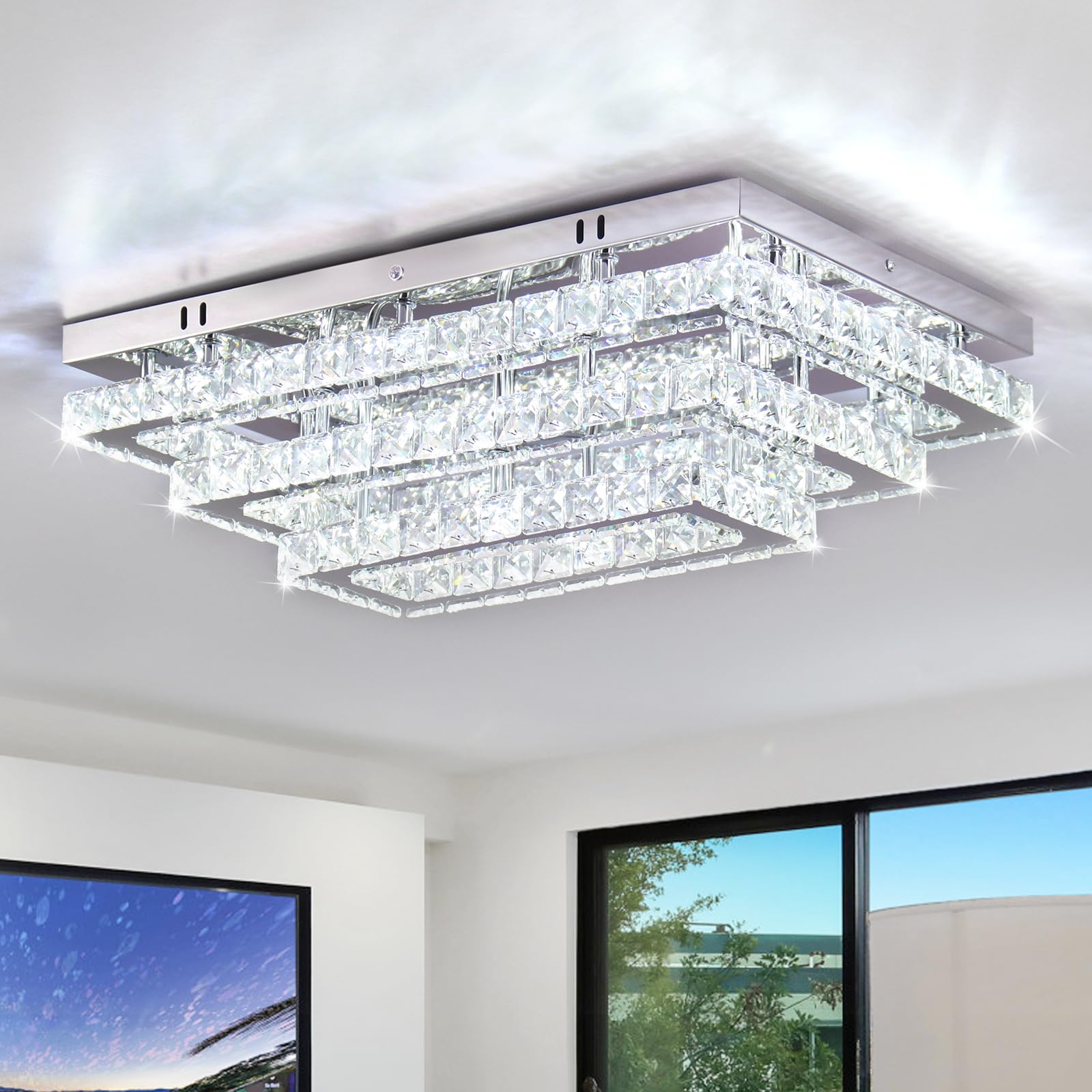 Finktonglan Modern Crystal Led Ceiling Light Fixture, 20&quot; Rectangular Chandelier, 3-Tier, Cool White