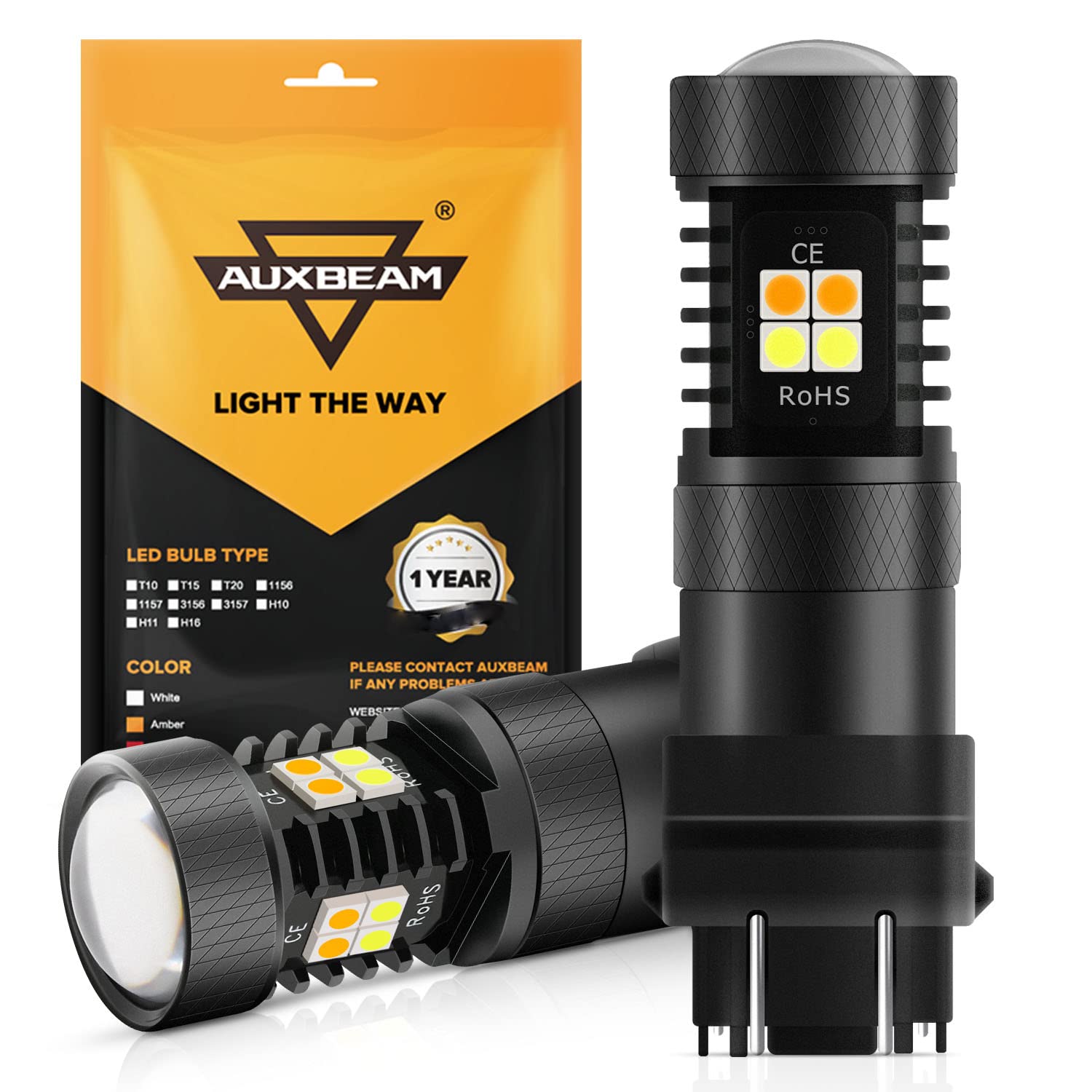 Auxbeam 3157 LED Bulbs P27/5W, Dual Color White & Amber, Aluminum, 300% Brighter, Model 16-3030SMDWY-5W-
