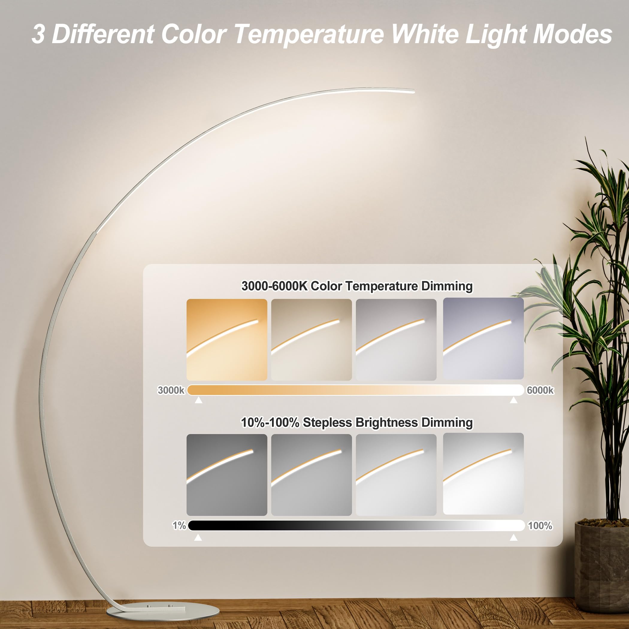 Modern Silver Floor Lamp, 69.99 Inch Arched Standing Floor Lamp For Reading, Silver Led Floor Lamp With Dimmable Adjustable Colo