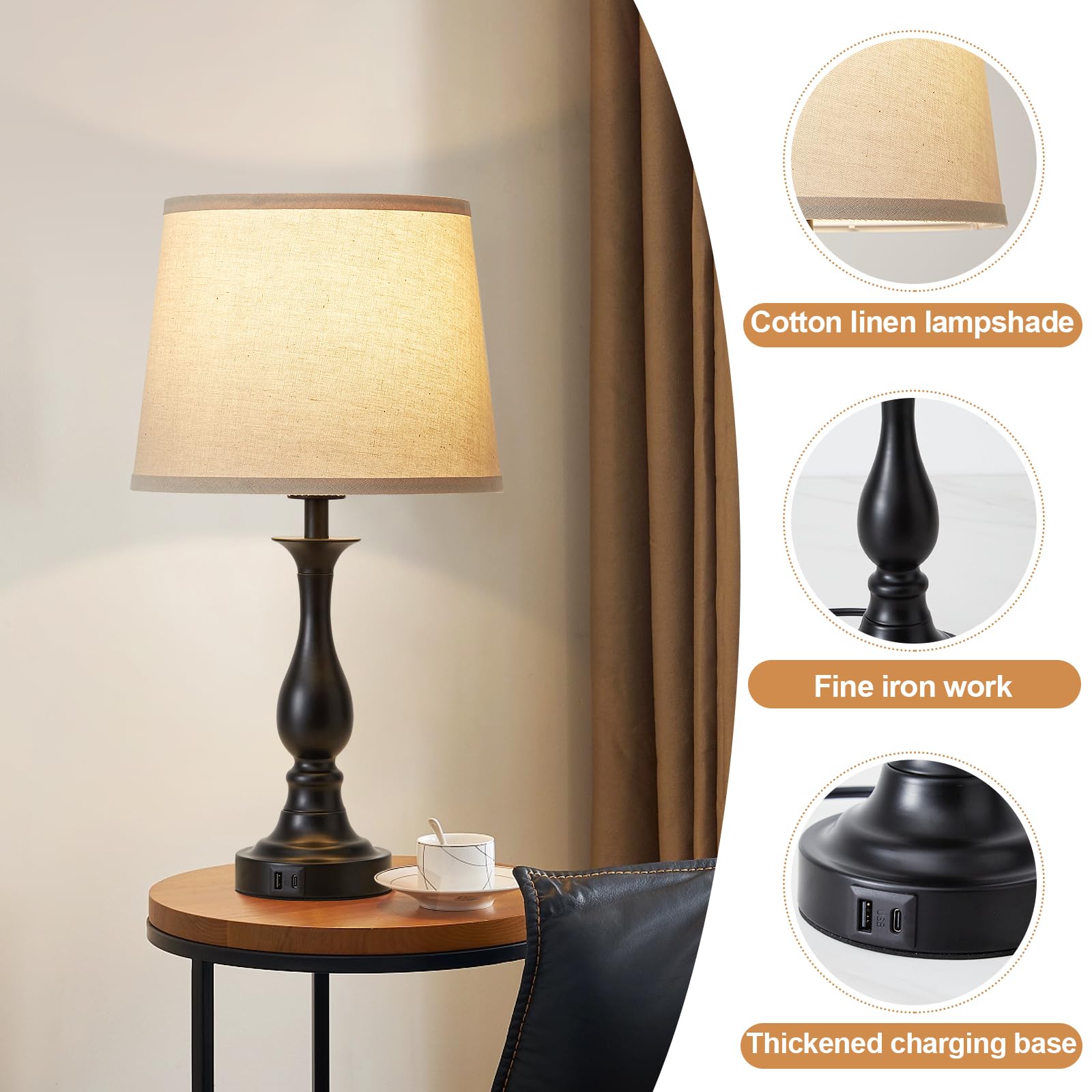 Lauag Black Bedside Table Lamp Set of 2 - Touch Control, 3-Way Dimmable, USB-C & USB-A Charging for Bedroom & Home Office