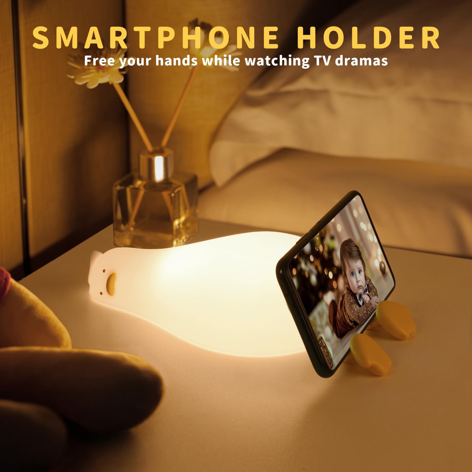 GEAMSAM Lying Flat Duck Night Light, LED Squishy Duck Lamp,Cute Silicone Dimmable Nursery Nightlight,Rechargeable Bedside Touch