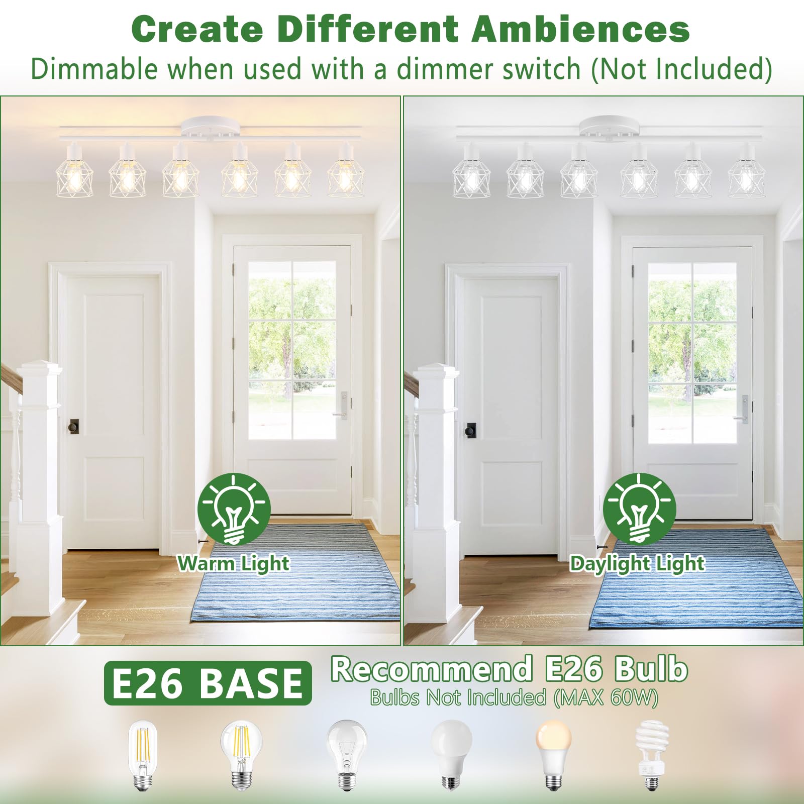 Baocuz 6-Lights White Semi Flush Mount Ceiling Light With Geometric Metal Cage  Modern Kitchen Track Lighting Fixtures Ceiling  Rotatable Close To Ceiling Lamp For Entryway  Living Room  Hallway