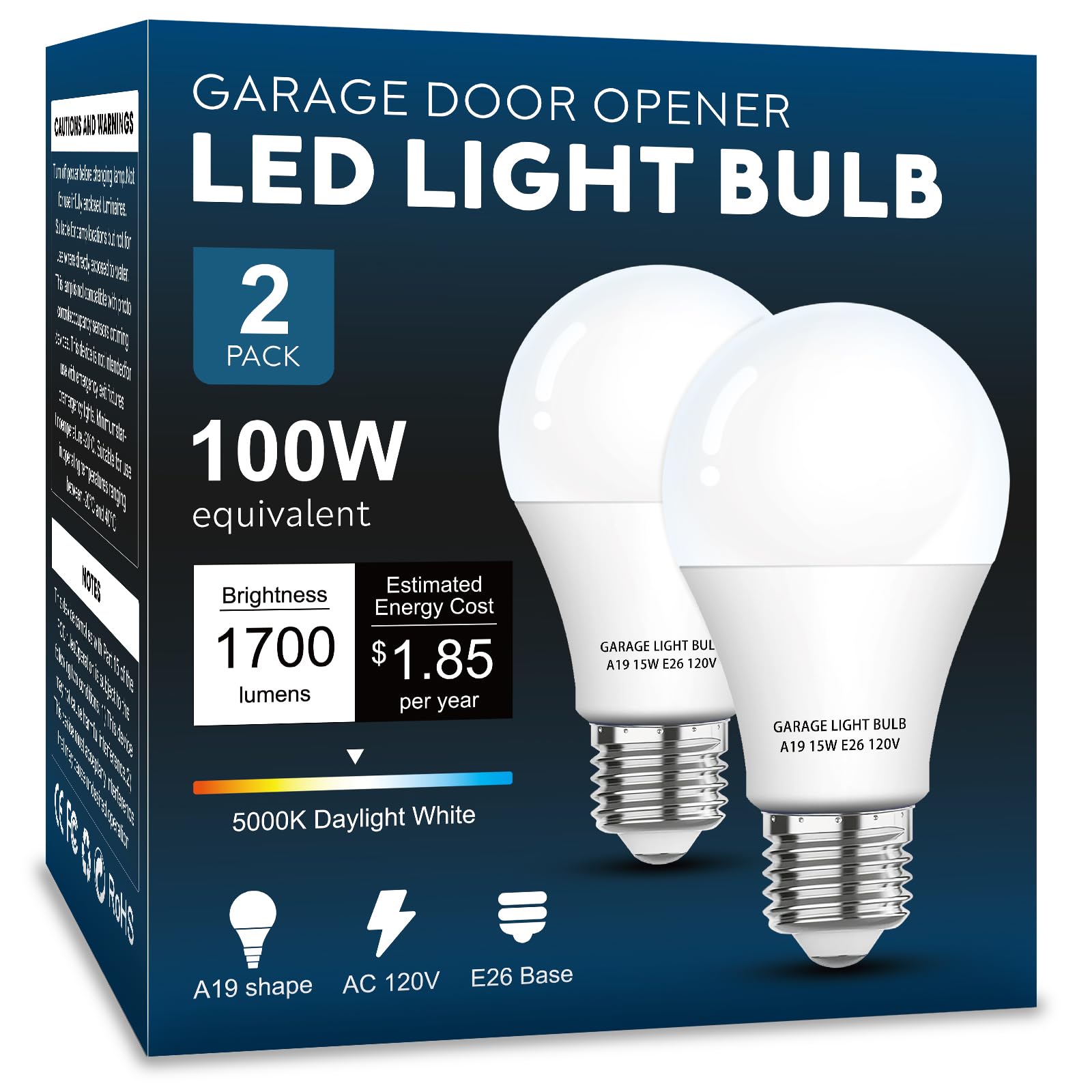 LOXYEE Garage Door Opener LED Light Bulb 2 Pack 15W Equivalent to 100W Garage Light Bulb A19 5000K Daylight White E26 Base 120V Outdoor Light Bulbs Minimize Interference Dimmable