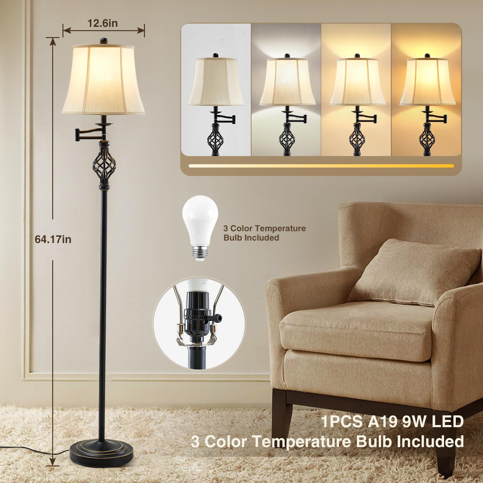 Gyrovu Adjustable 350° Swing Arm Led Floor Lamp, Vintage Beige Bell Lampshade For Living Rooms