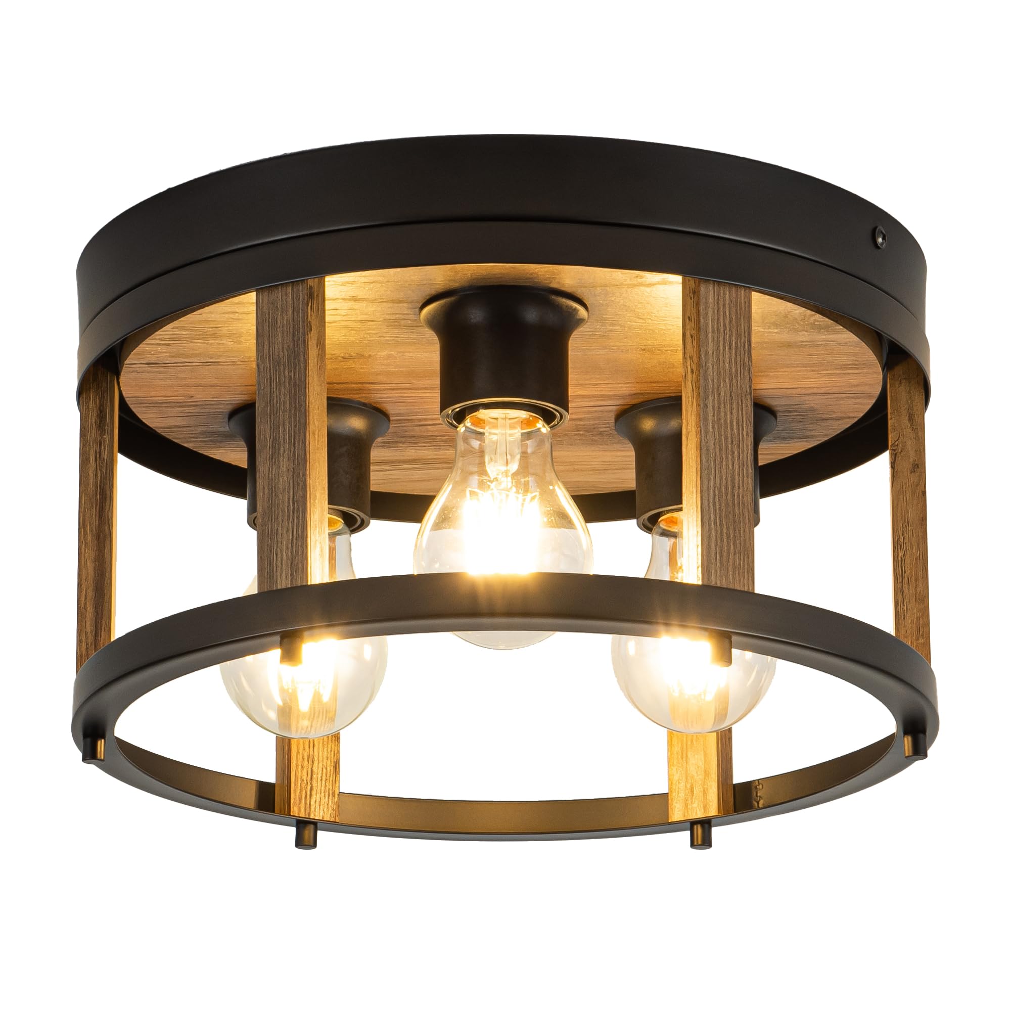 MAYNA 3-Light Retro Farmhouse Flush Mount Round Vintage Metal and Wood Ceiling Light Fixtures, Rustic Ceiling Lamp for Kitchen, 