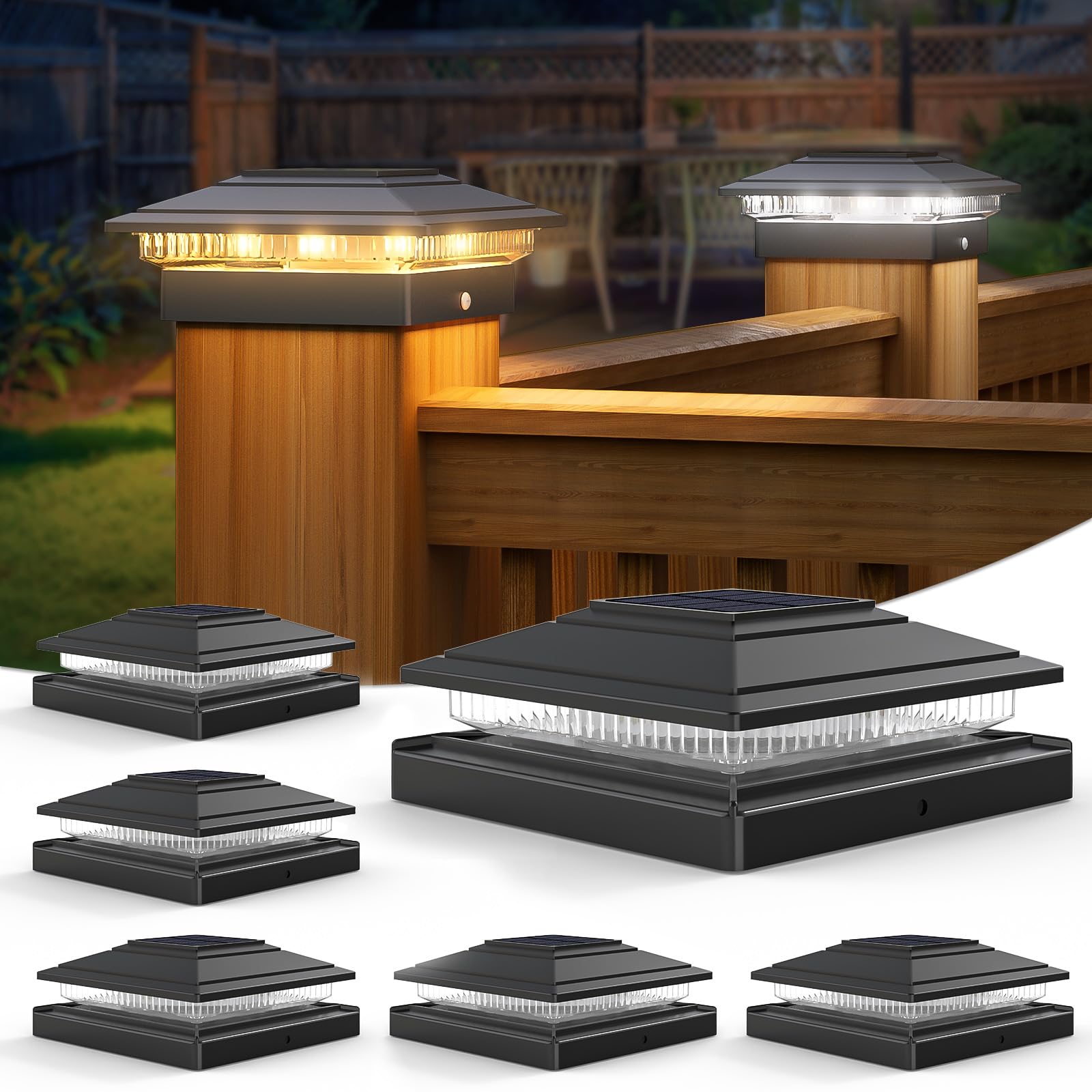 Volisun Solar Fence - Post Lights, Solar Post Cap Light Outdoor Waterproof 6Pack, Black Deck Cap Light Solar Powered, For 4X4 5X