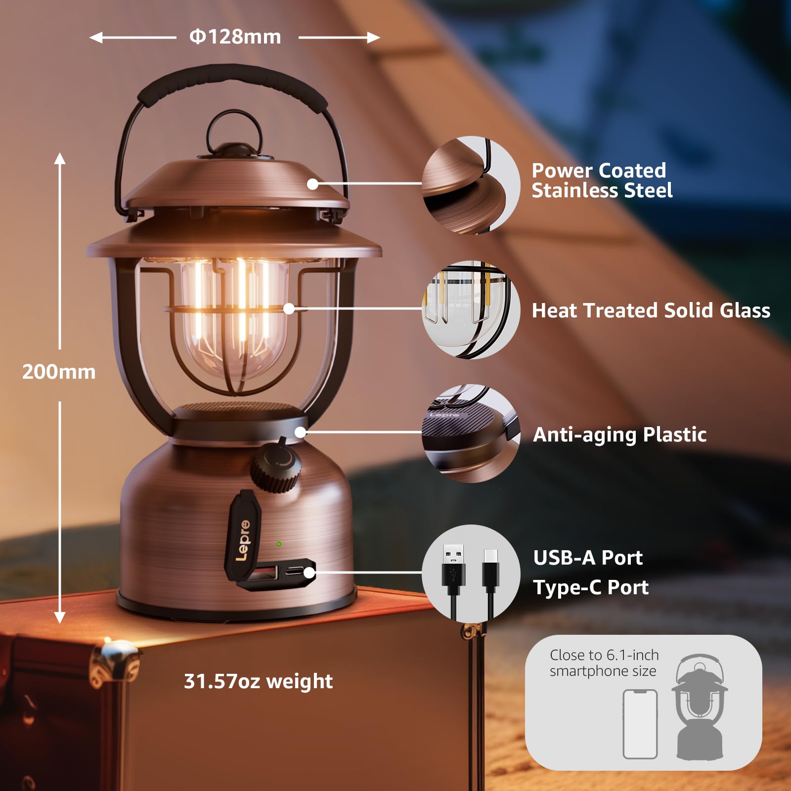 Lepro Retro Classic LED Camping Lantern, Dimmable, USB Rechargeable, Waterproof, Copper, Model 330041, Daylight White 2500K/5000K