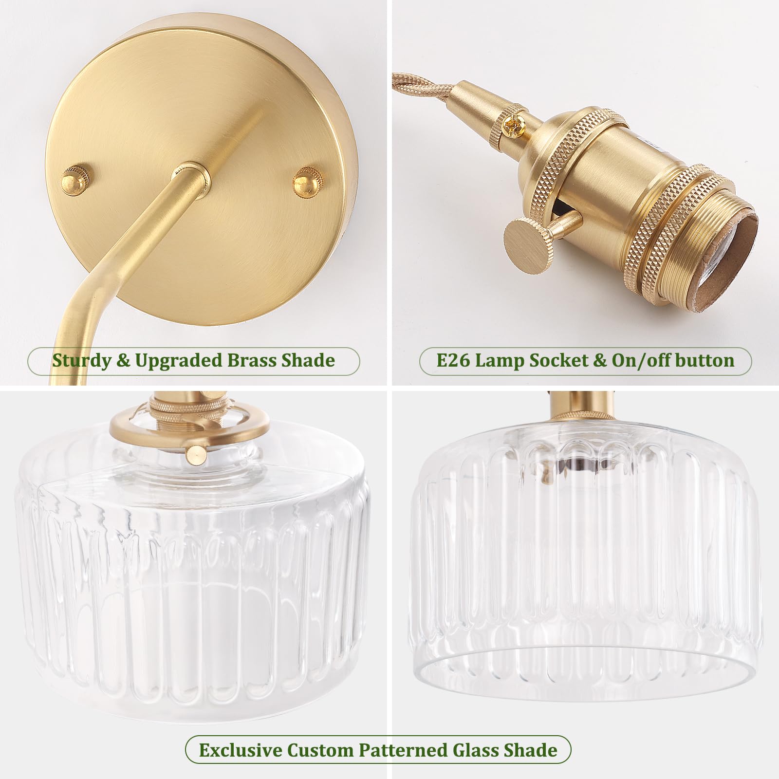 Shenmoyl Vintage Wall Sconce Lamp, Clear Striped Glass, Adjustable Chain, Hardwired, Model 1-944, Gold
