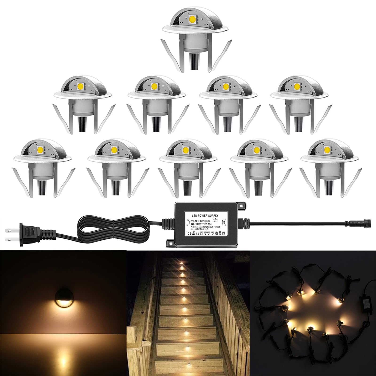Qaca 10 Pack Led Stair Lights Kit Low Voltage Waterproof Ip65 Outdoor 1-2/5'' Recessed Wood Led Deck Lighting Yard Garden Patio