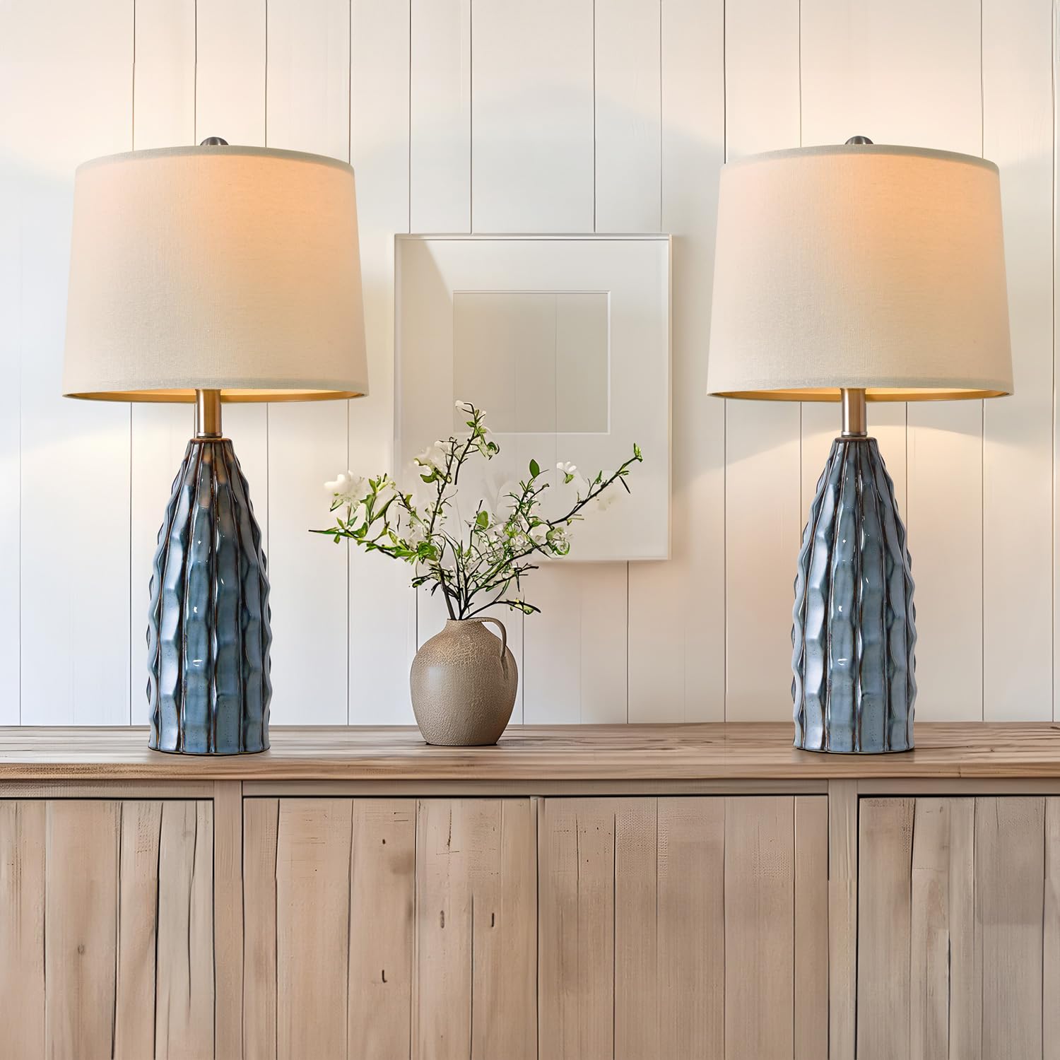 Usumkky 23.75'' Modern Blue Ceramic Lamps Set Of 2 For Living Room Study Room Office Dorm Farmhouse Nightstand, End Table Lamps