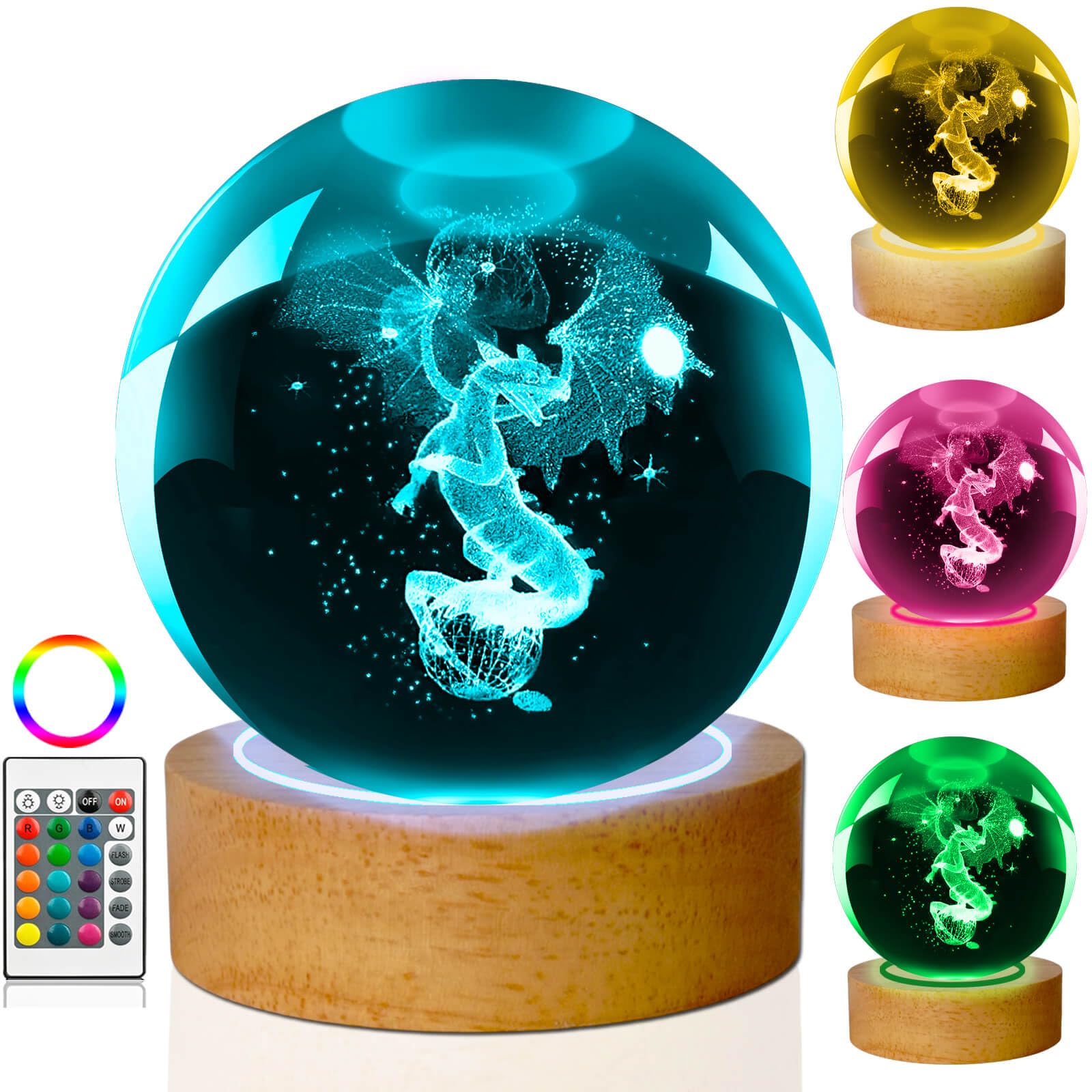 LINSINA 3D Dragon Crystal Ball Lamp,60mm 16 Colors Crystal Ball Night Light with Wooden Base and Remote Control, Dragon Gifts an