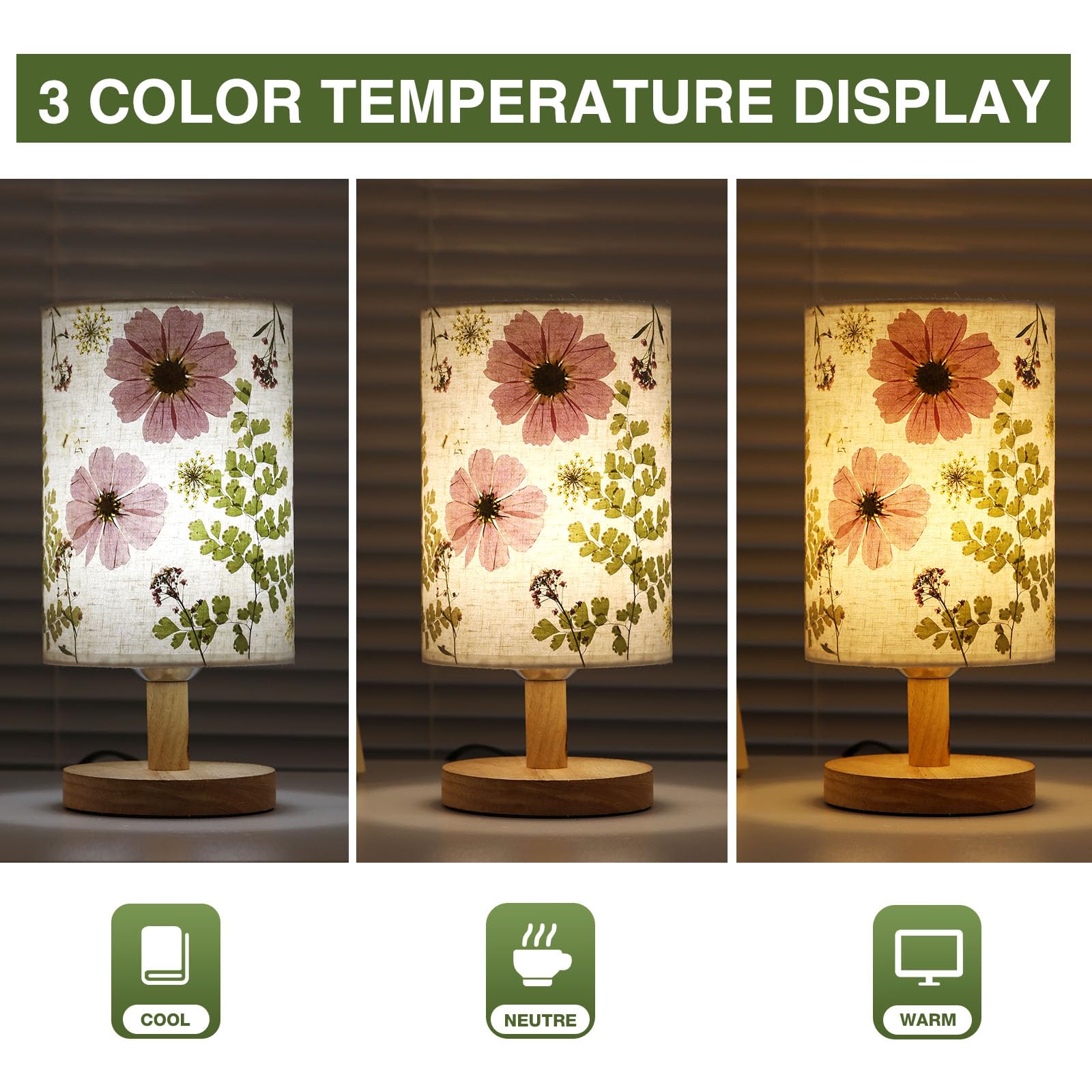 Floresita Dried Flowers Table Lamp 5W LED, Linen Shade, Wood Base, Model 1006YHD, Round-Flowers Design for Bedroom & Office