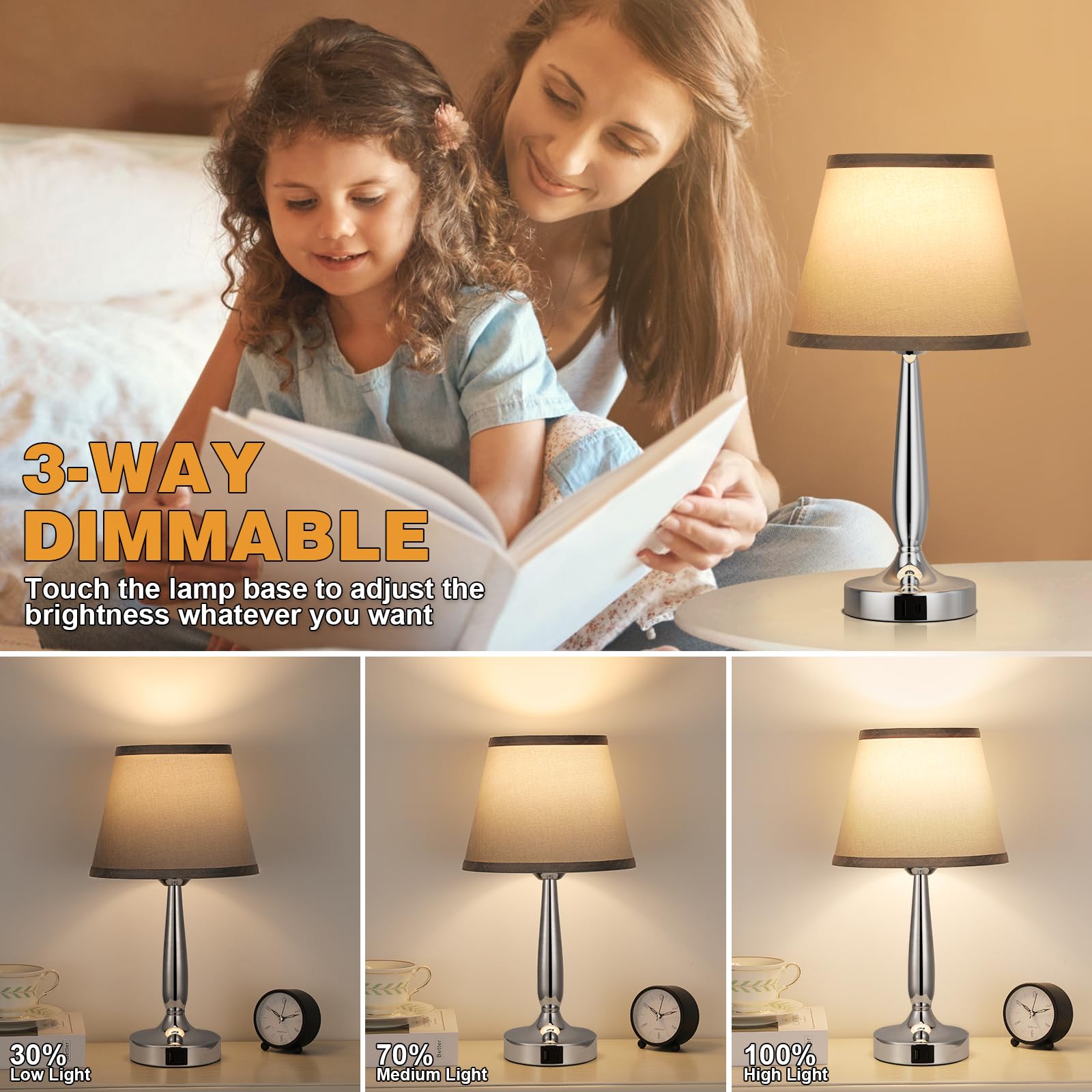 Kakanuo Touch Table Lamp - 3 Way Dimmable, USB C Charging, Gray Shade & Silver Base, Ideal for Bedroom & Living Room