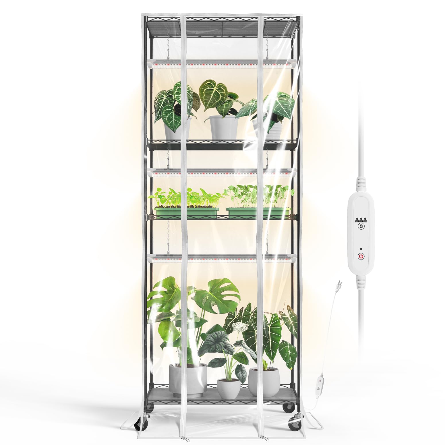 Bstrip Indoor Greenhouse with Grow Light, Metal Plant Stand, 3 Pack T8 2FT Full Spectrum Plant Lights, Timer, Black, 23.5x13.8x5