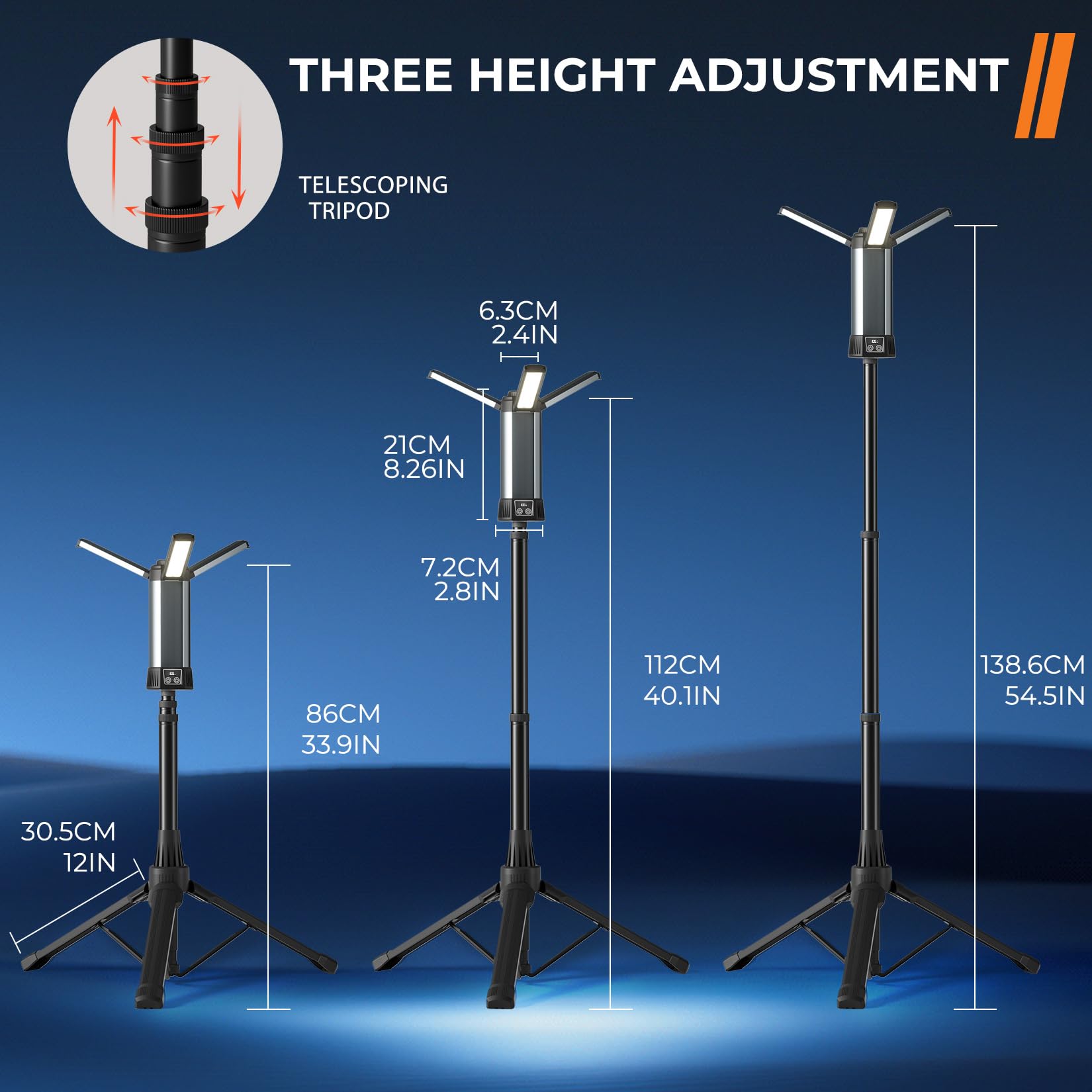Rechargeable Led Work Light With Stand, Cordless Camping Light With Portable Telescopic Bracket, 6Ah Battery, 2000Lumen Outdoor