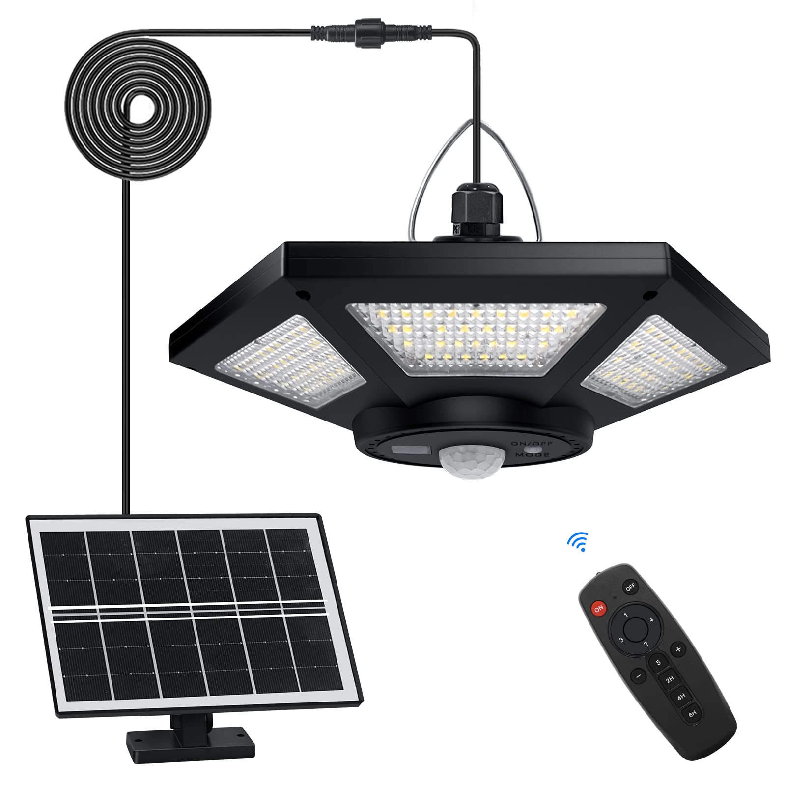 Aqonsie Solar Shed Light - 180LED Indoor/Outdoor Pendant, 5 Lighting Modes, Remote Control, Black, Model L-02
