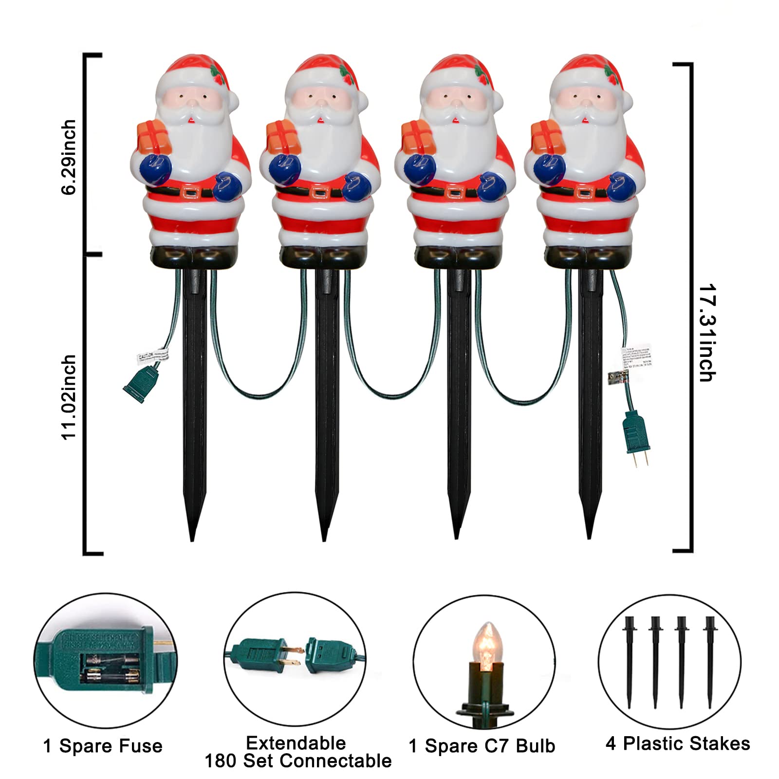 Doratale 7Ft Santa Pathway Stake Lights With 4 C7 Bulbs - Waterproof Garden Decor