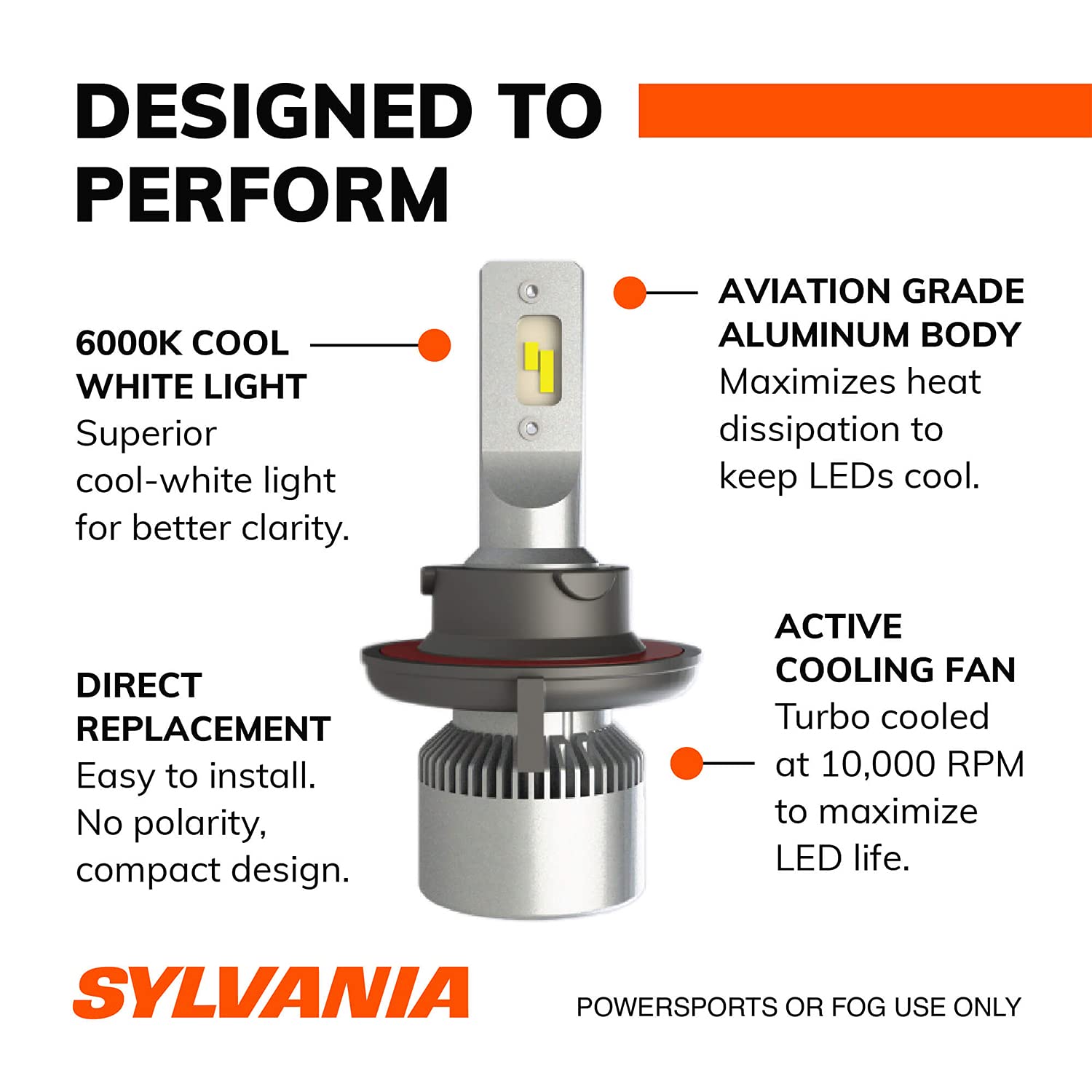 Sylvania H13 9008 Led Headlight Bulbs - 6000K Cool White Light, Aluminum, 2 Pack For Off-Road Use Or Fog Lights
