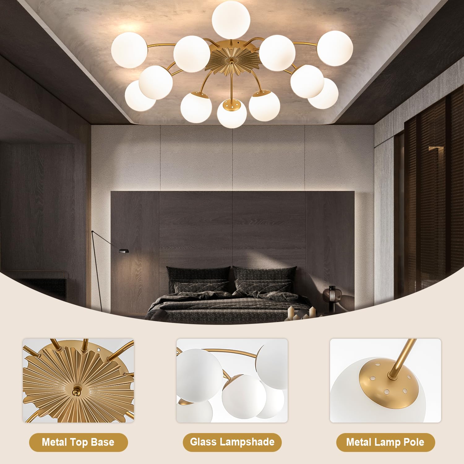YIHANTLZ 12-Light Pendant Light, Gold Hand Blown Glass Chandelier, 40in Sputnik Design for Dining Room and Living Room, Model BP-1662