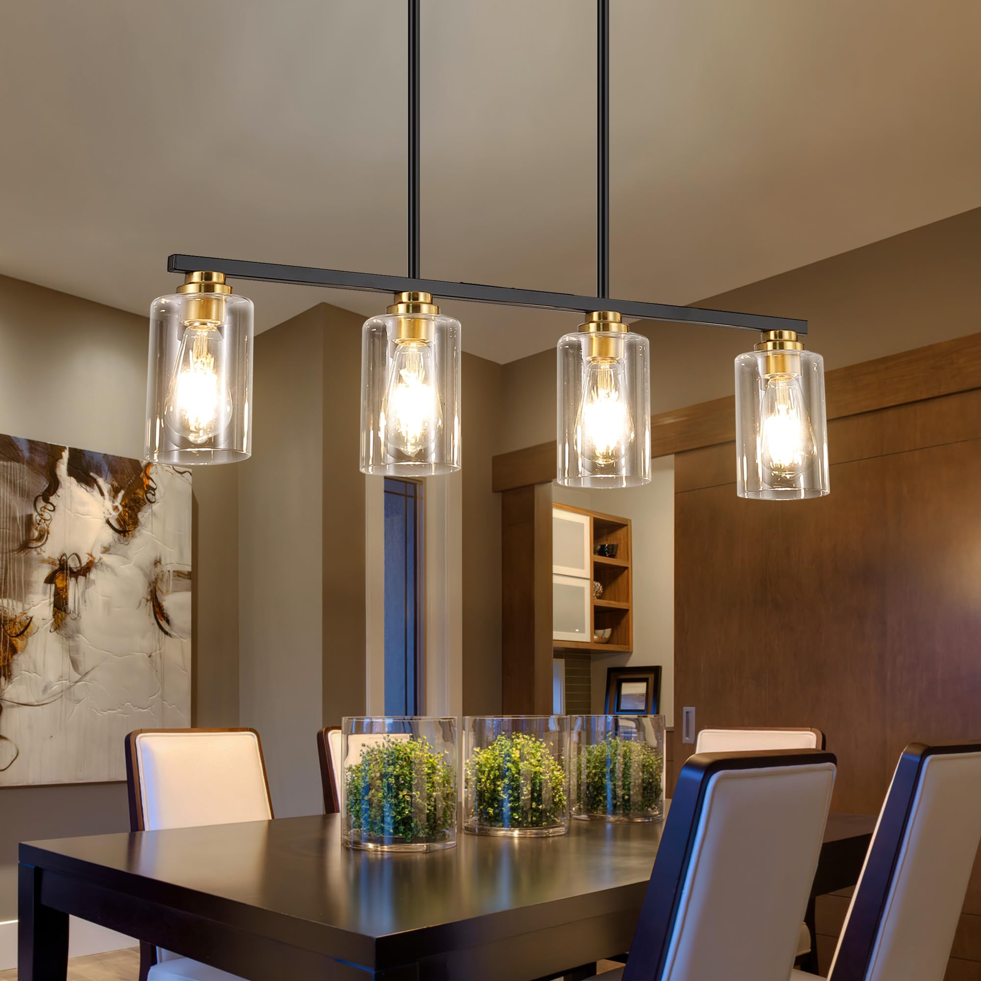 Mecgirn Island Light For Kitchen, Black And Gold Dining Room Light Fixture Over Table, 4-Light Linear Chandelier Pendant Lighting For Dining Table Kitchen Island Living Room