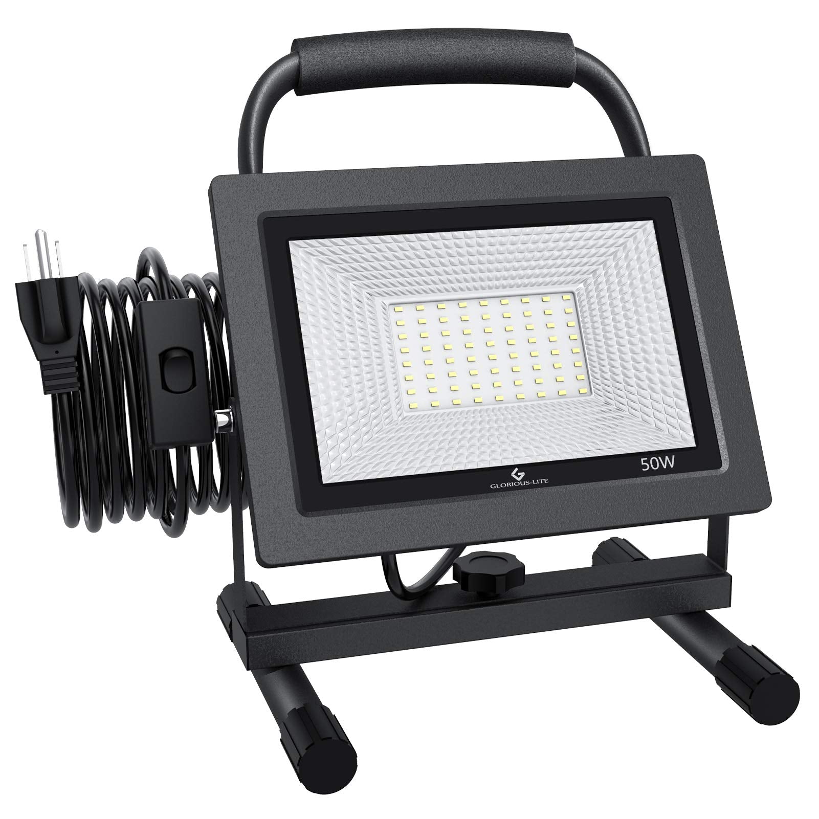 GLORIOUS-LITE 50W LED Work Light, 5000LM LED Flood Lights, 400W Equivalent, IP66 Waterproof, 16ft 5m Cord with Plug, 6500K, Adju