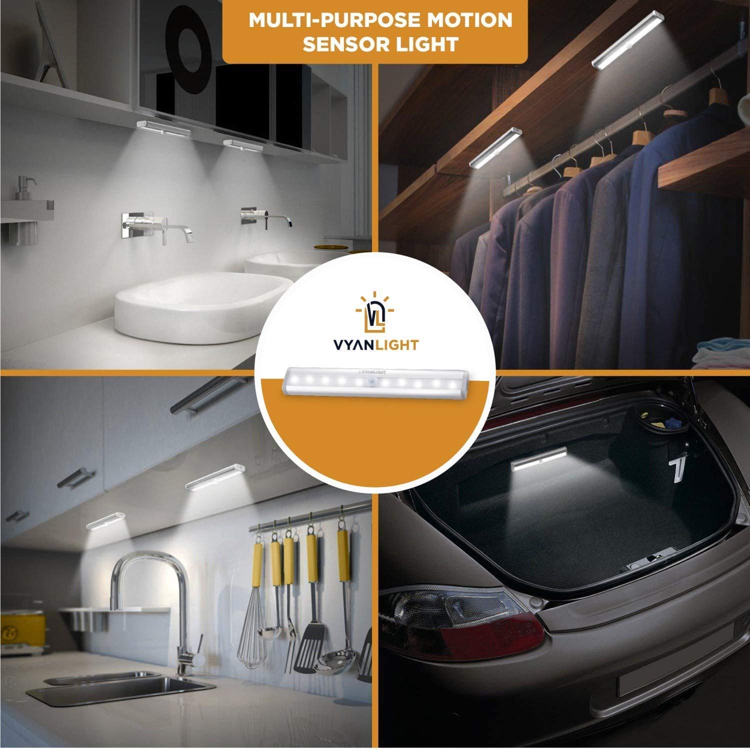 VYANLIGHT Motion Sensor LED Lights, 10 LED Magnetic Night Light Bar, Battery Operated, 3 Pack, White, Model VL309