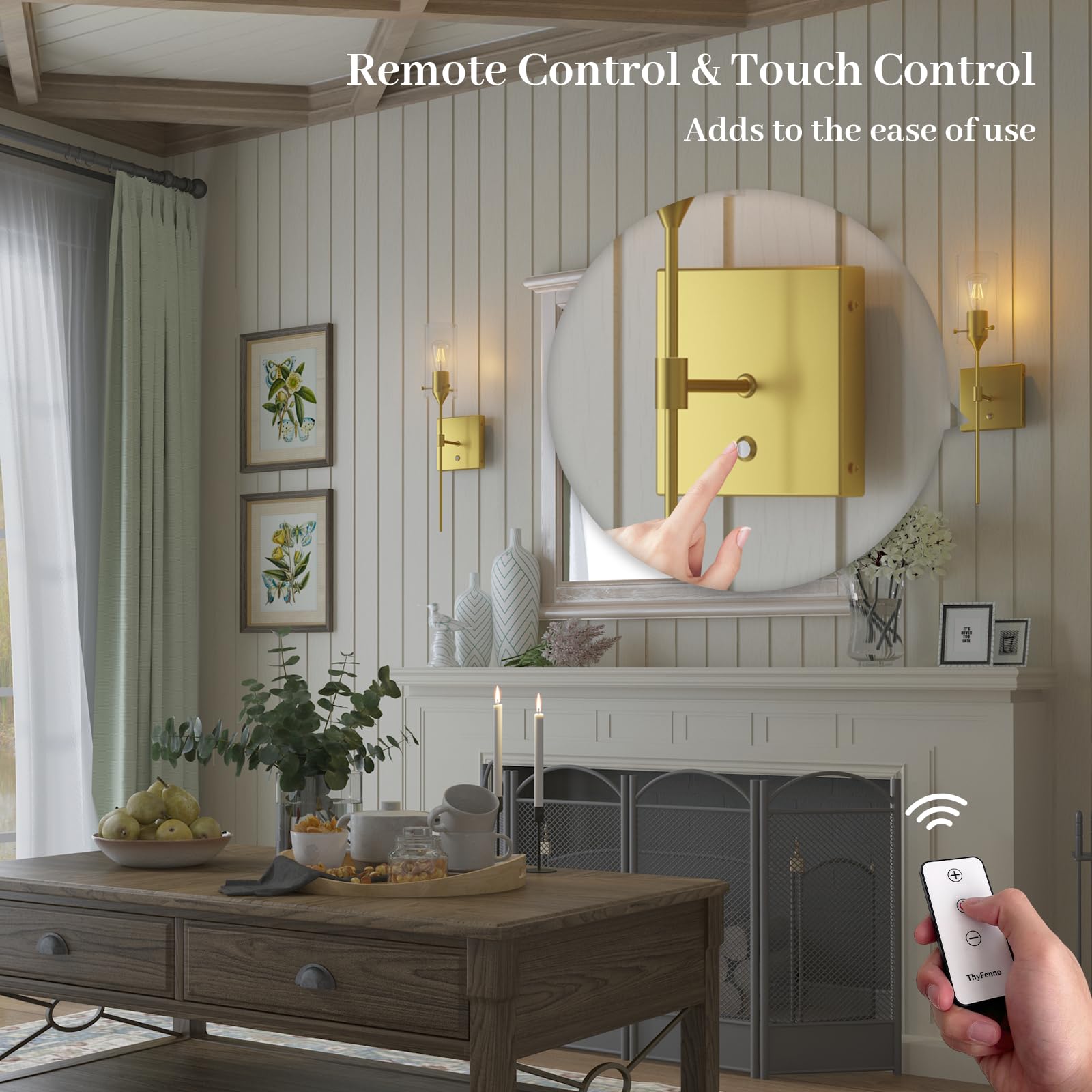ThyFenno Battery Operated Wall Sconce Set of Two, Dimmable Brass Lamps with Remote Control, TF-1T T1L, Bulb Included