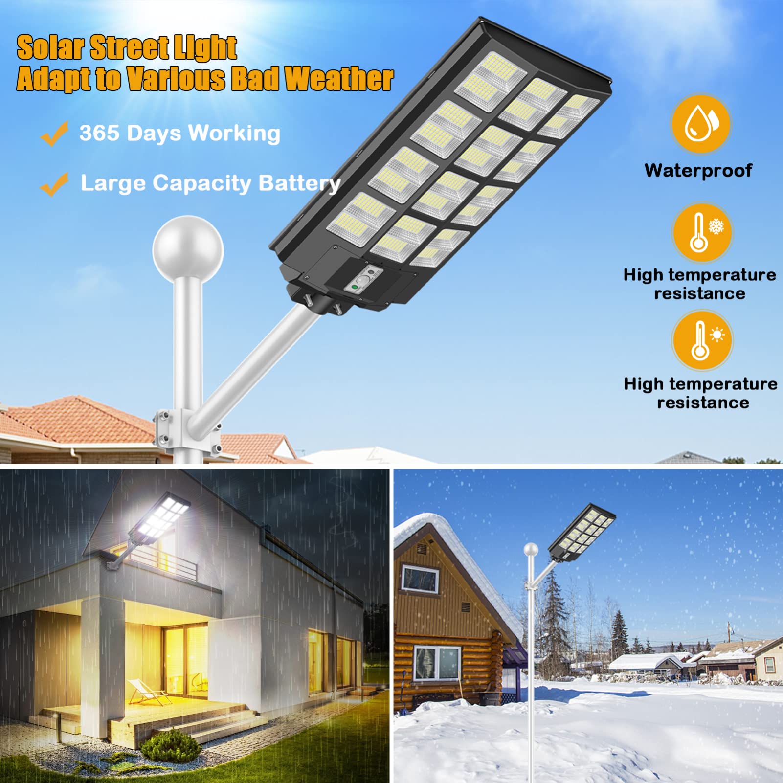 INSDEA 5000W LED Solar Street Light, 500000LM, IP65 Waterproof, Motion Sensor, Black, Solar Security Light for Outdoor Use