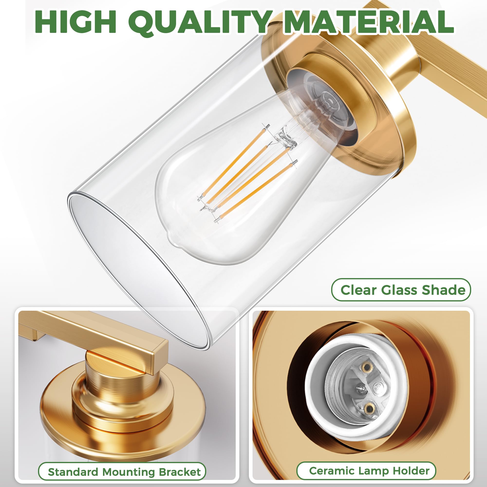 Doresshop 20 Inch Bathroom Light Fixtures  3-Light Gold Bathroom Lighting Fixtures Over Mirror With Clear Glass Shade  Vanity Lights For Living Room Bedroom  Etl Listed