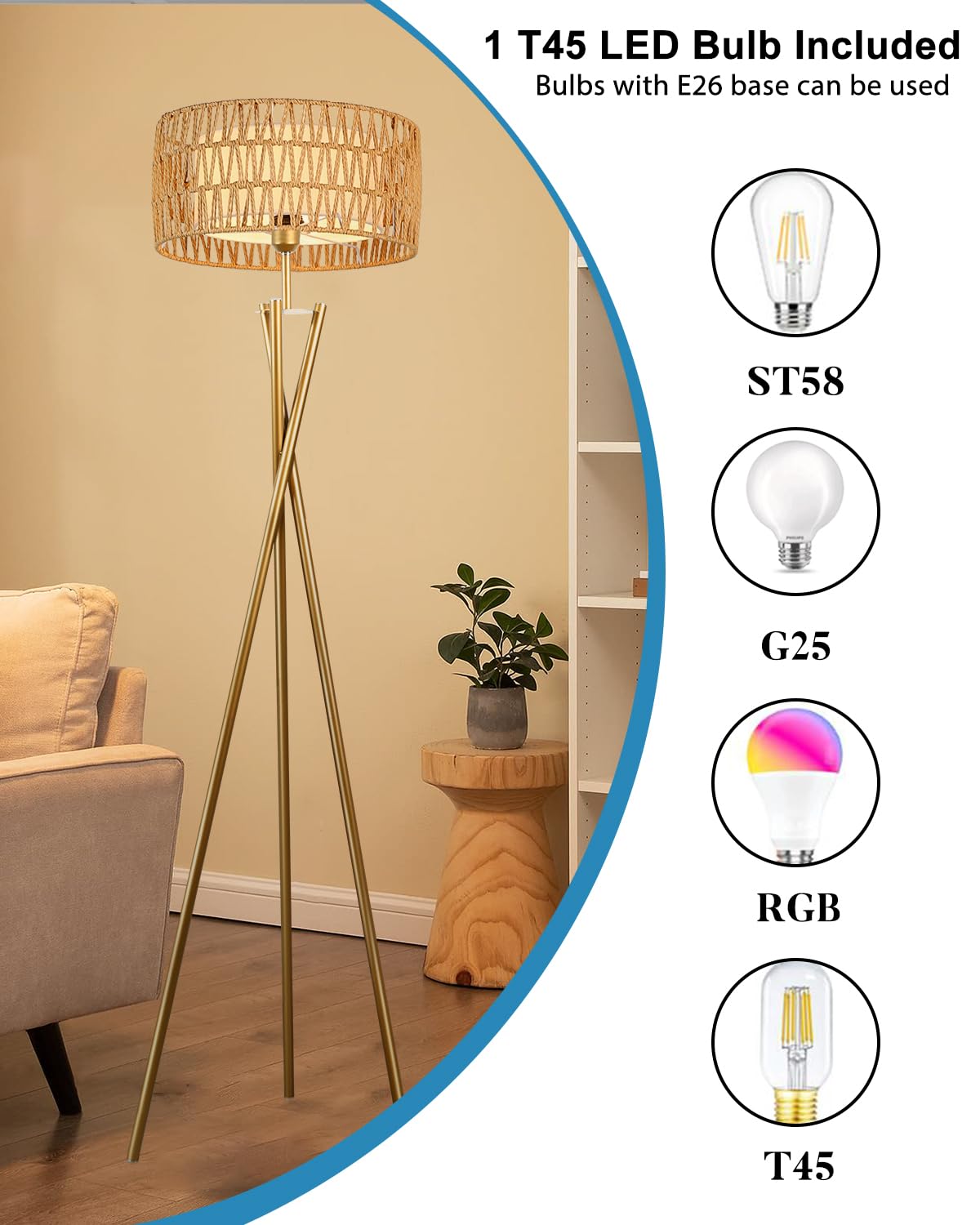Lightdot Rattan Floor Lamp - Mid Century, Modern Design For Living Room, Bedroom & Office - 3000K Soft Light, Gold E26 Base