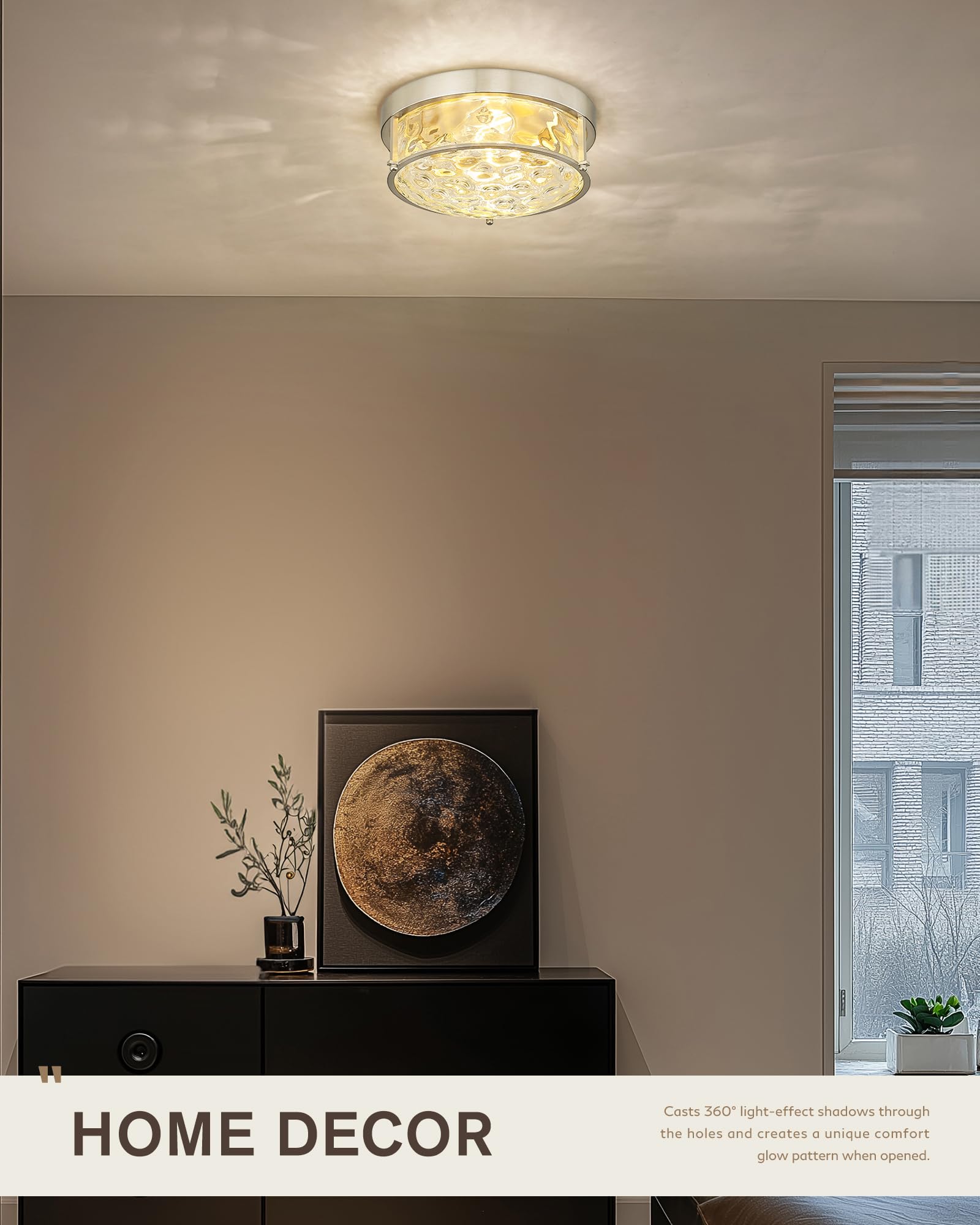 Femila Flush Mount Ceiling Light Fixture, 12'' Brushed Nickel Ceiling Light, Water Ripple Glass, For Hallway, Living Room, Kitch