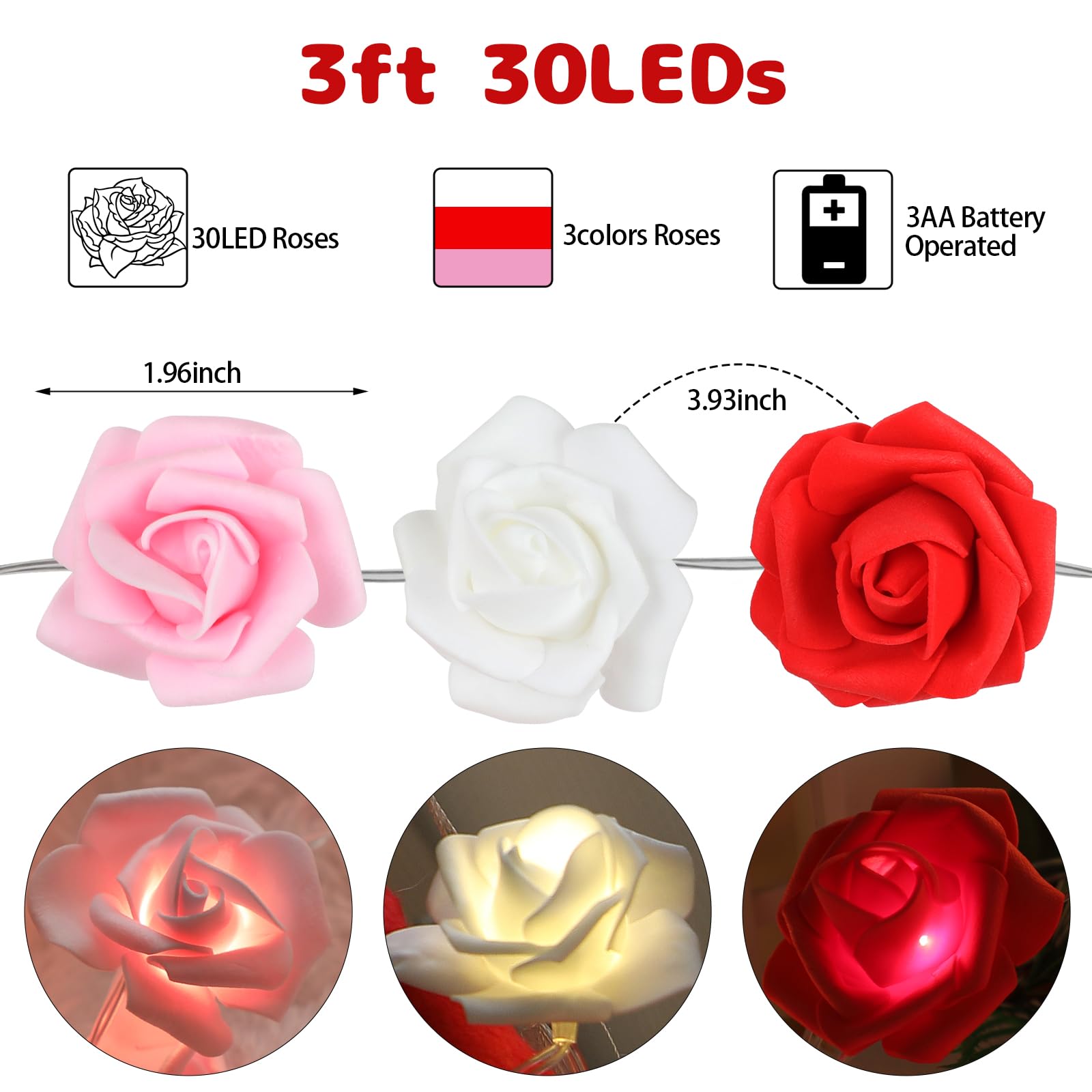 CCINEE 9.8Ft LED Rose Flower String Lights?30 LED Red White Pink Flower Fairy String Lights Battery Operated Flowers Garland Lig